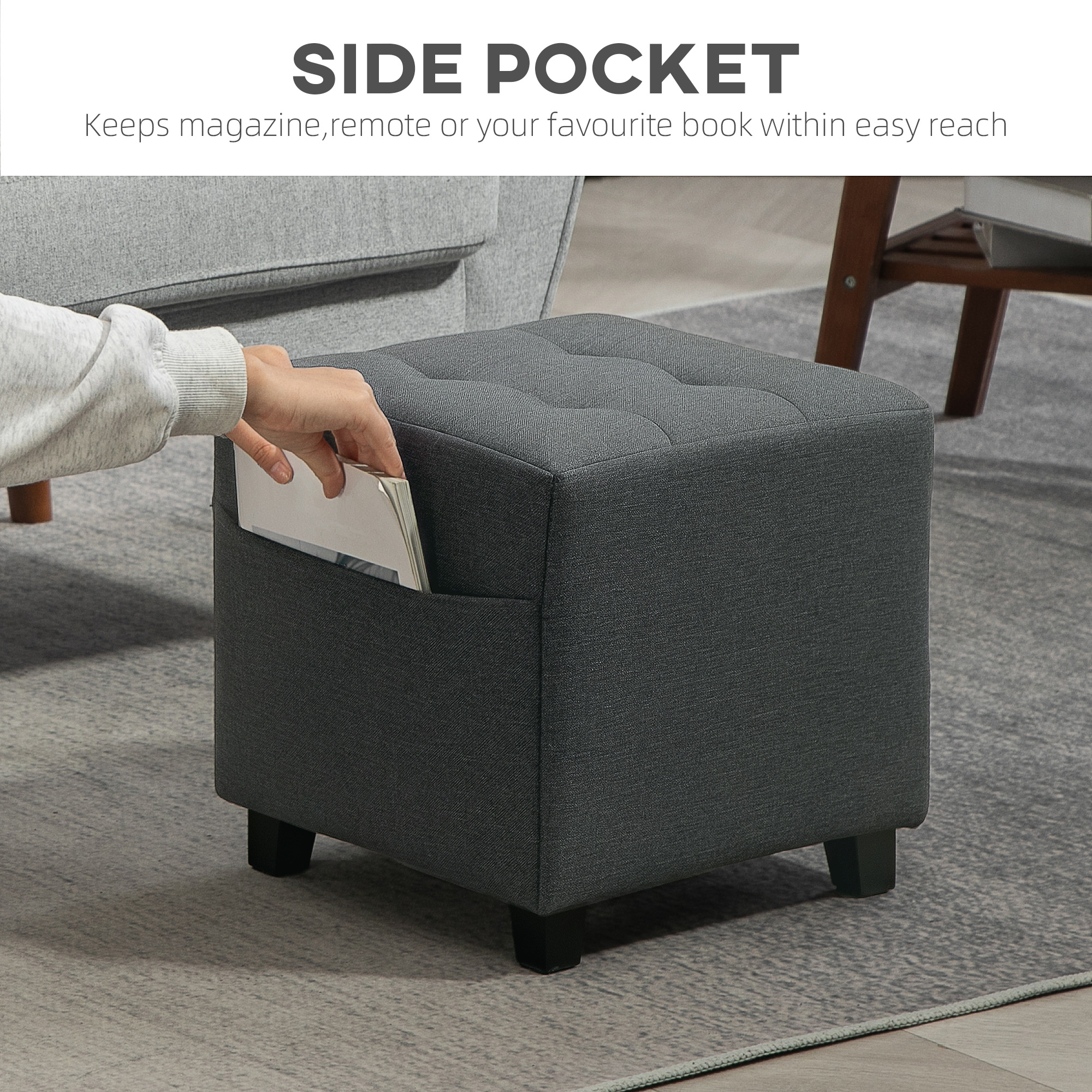 Square Footstool,Small Ottoman With Side Pocket,Linen Fabric Footrest Foot