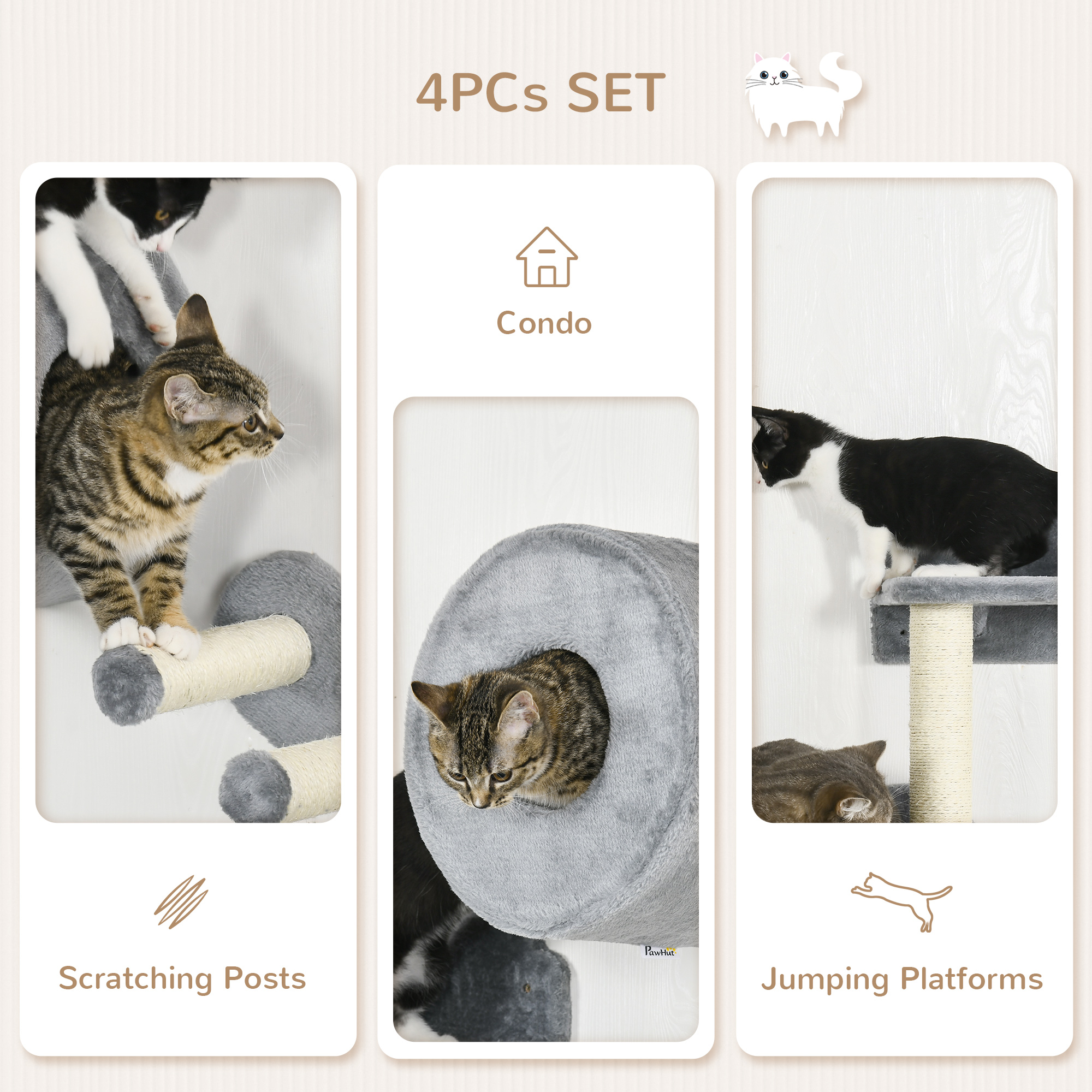 4PCs Wall-Mounted Cat Tree,with Steps,Perch,Cat House-Grey — image 2