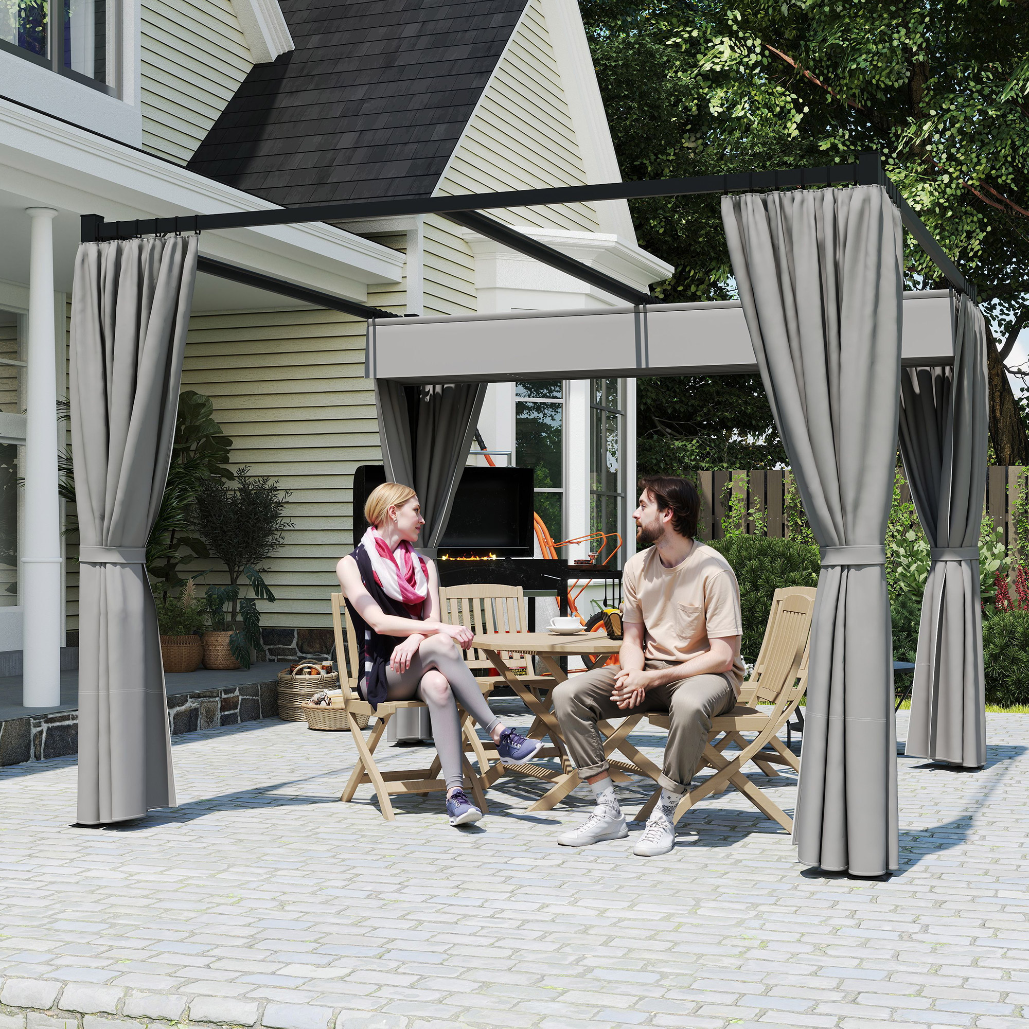 3 X 3m Moving Canopy Metal Pergola,with Curtains-Grey