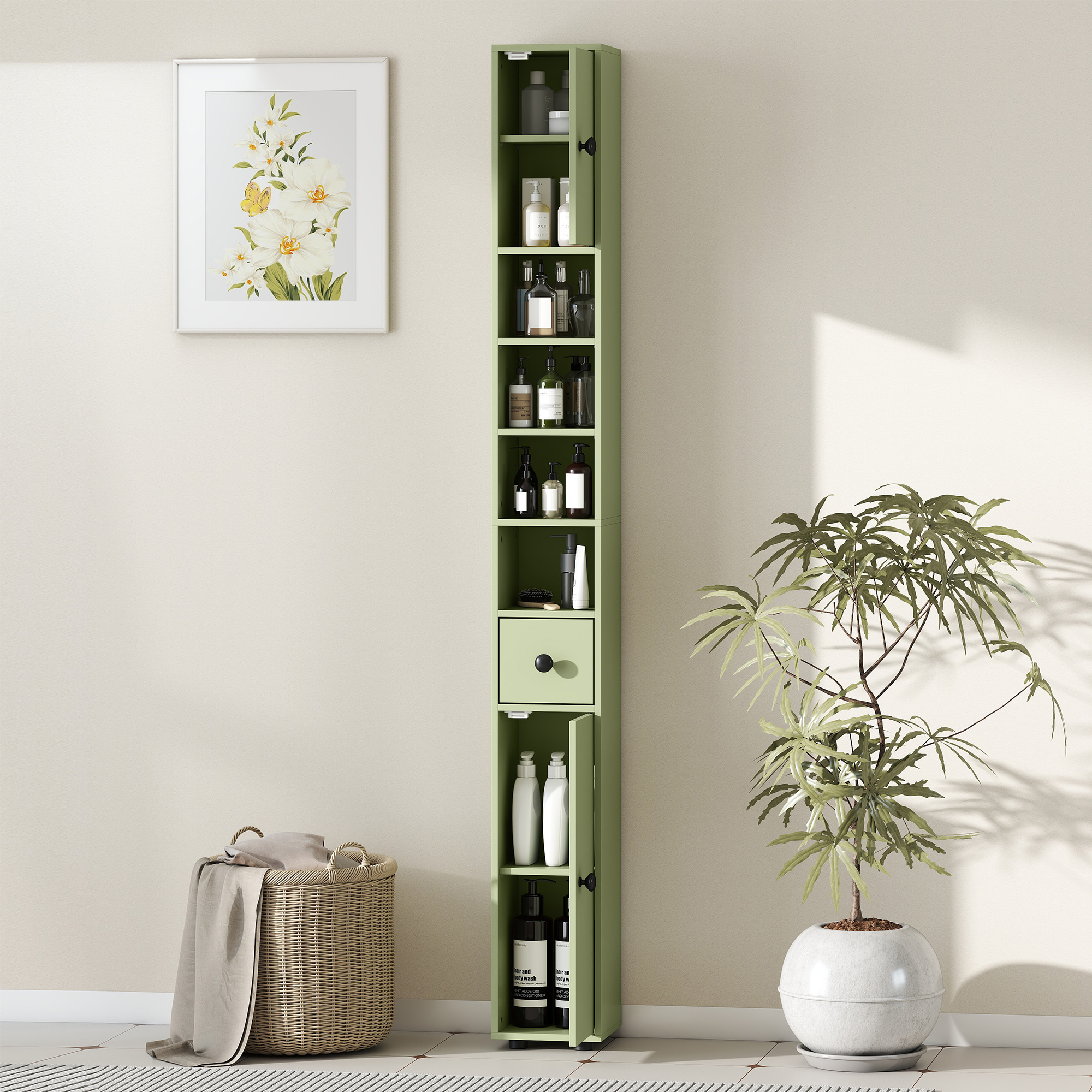 180cm Slim Bathroom Cabinet,with Drawer,Shelves And Cupboards-Green