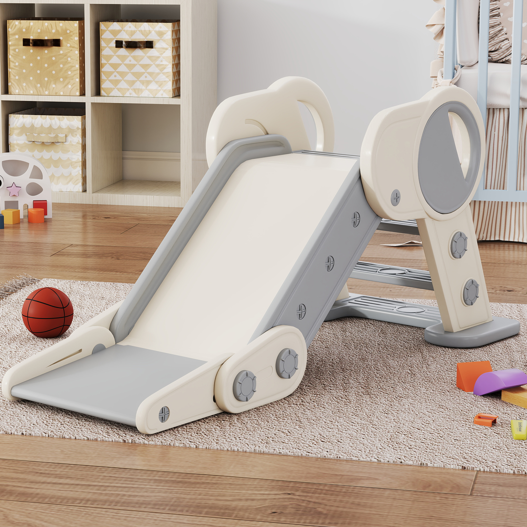 Foldable Kids Slide,Freestanding Baby Slide,for Ages 1.5-3 Years,Grey & Beige
