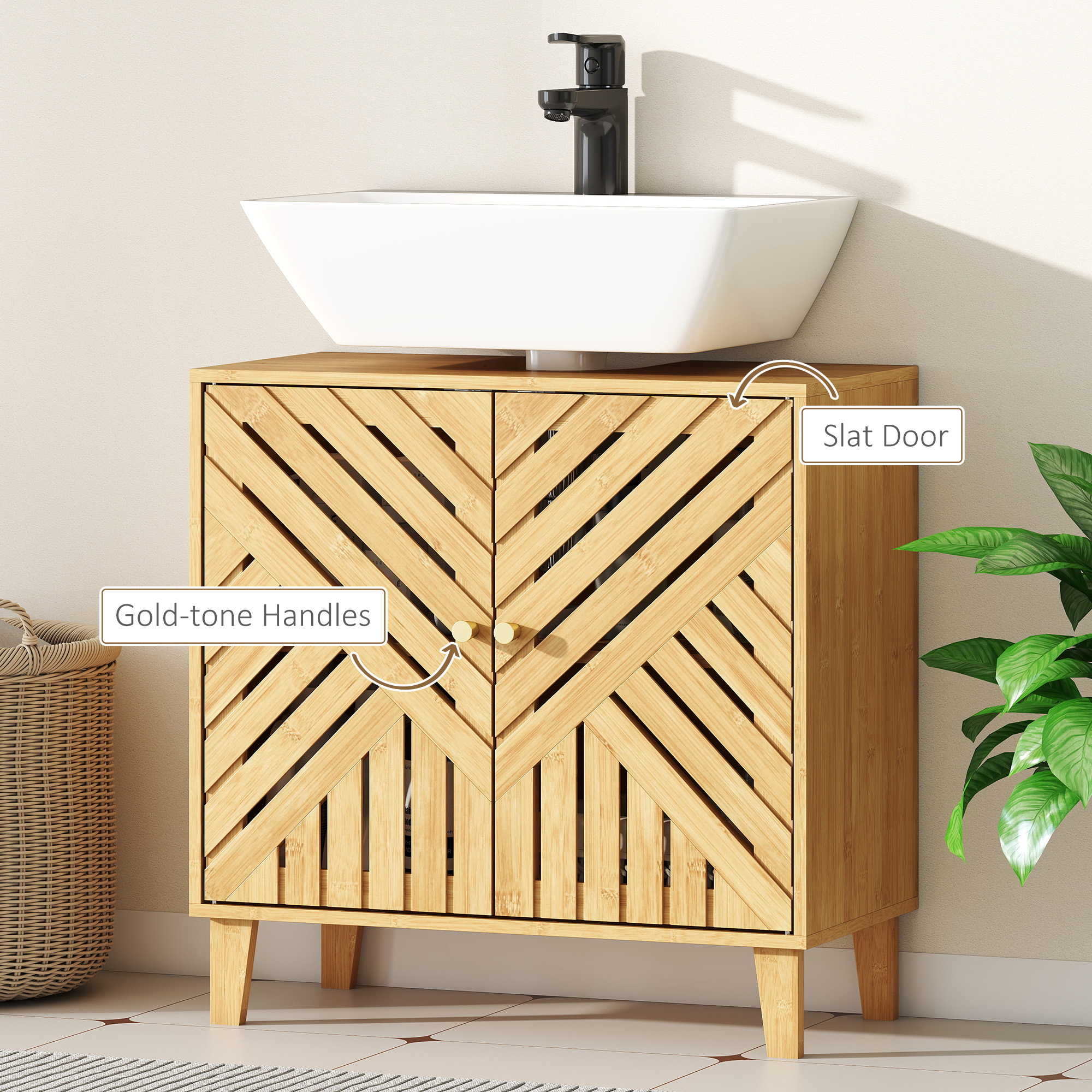 Bamboo Bathroom Under Sink Cabinet With Adjustable Shelf For Basin Without — image 2