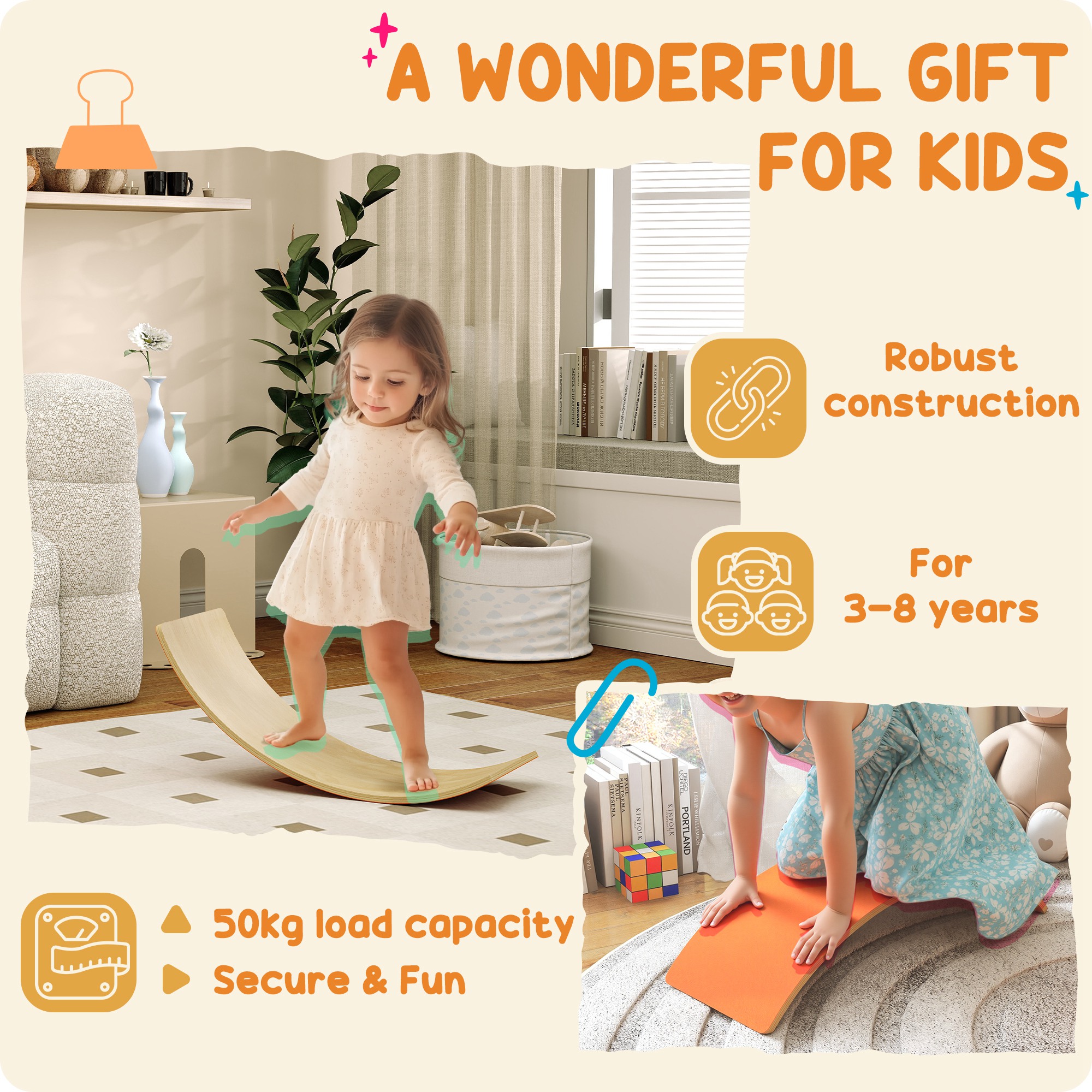 Wooden Balance Board For Kids,Wobble With Silent Felt Sensory Play,Orange — image 4