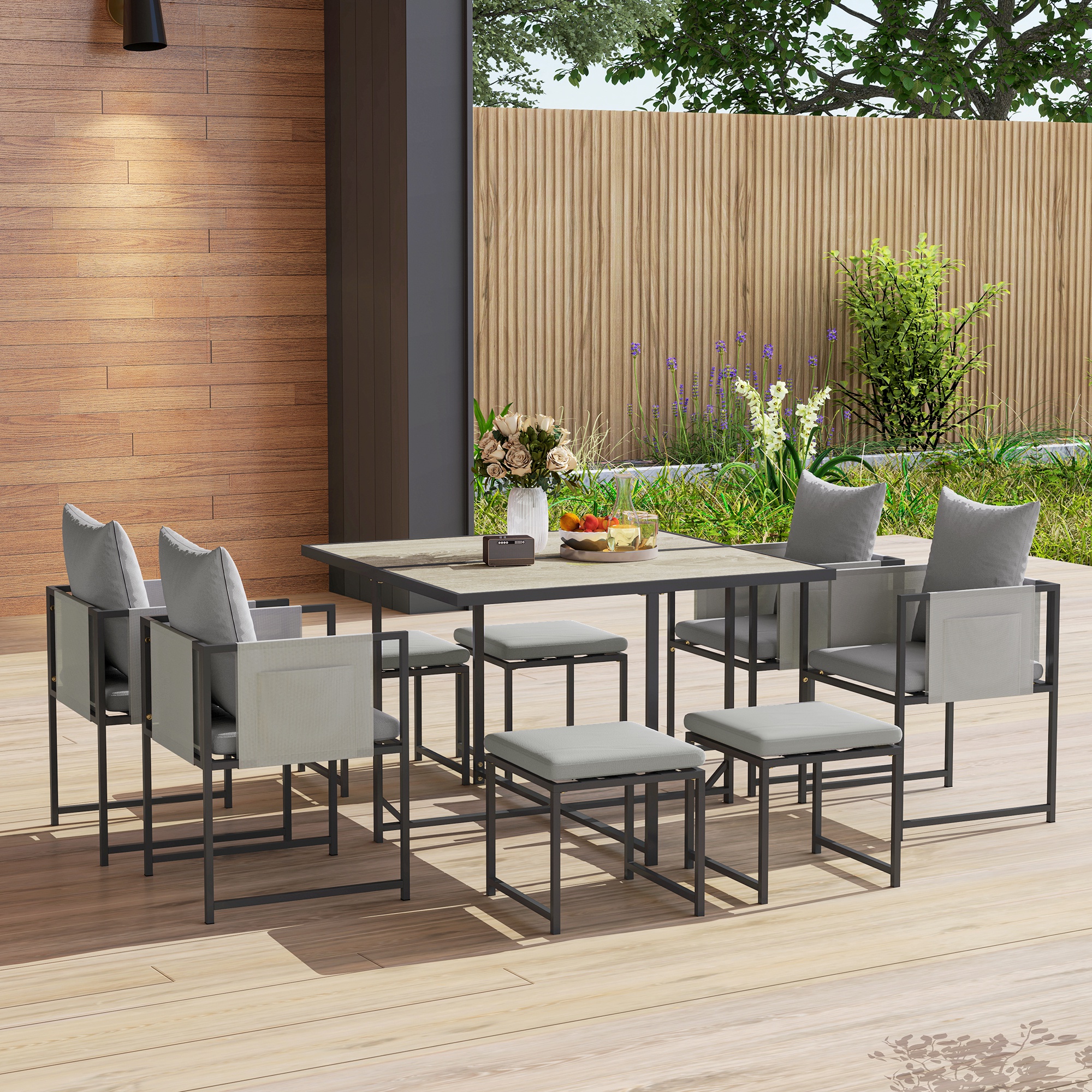 Nine-Piece Steel Frame Garden Dining Set-Grey — image 5