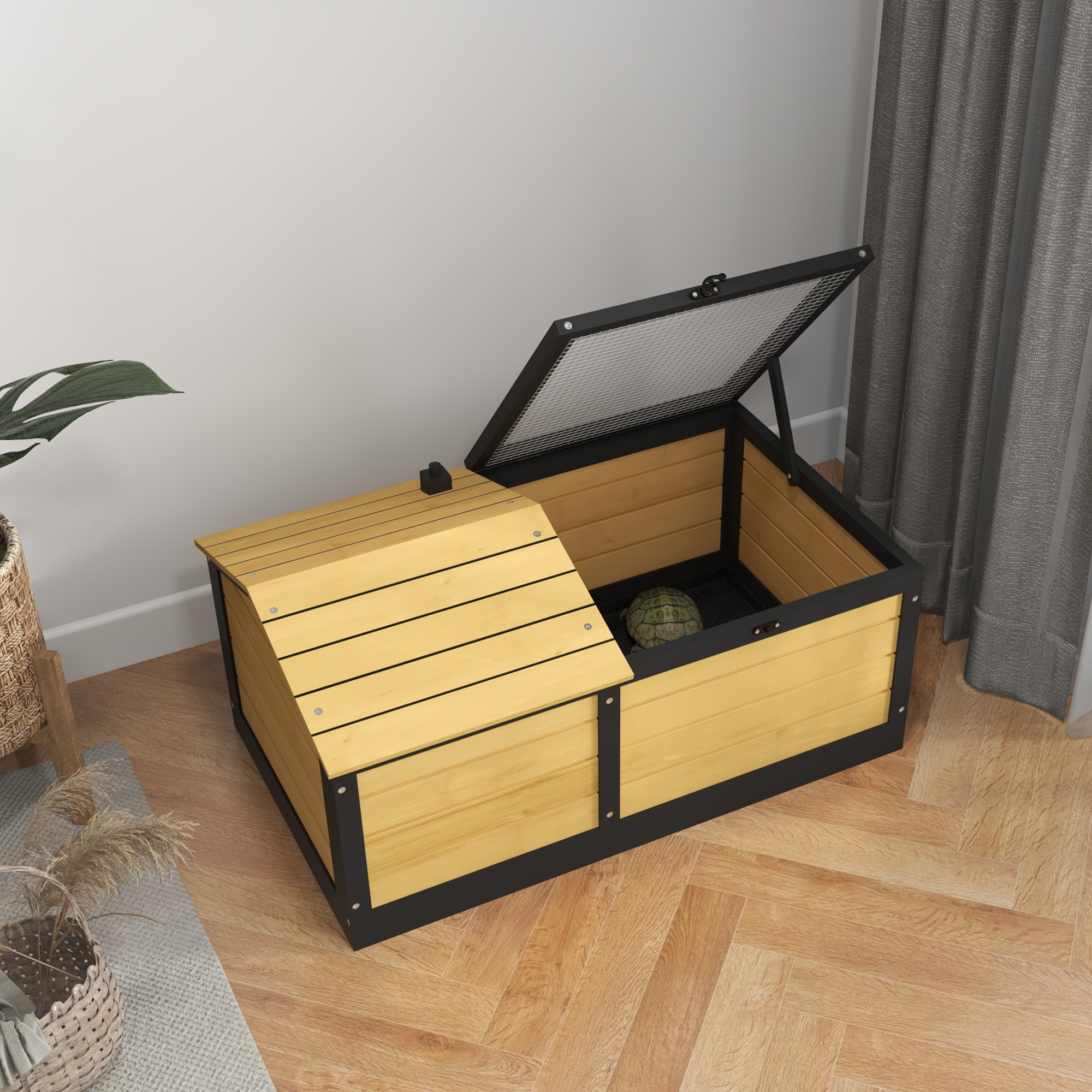 Wooden Tortoise House,Small Pet Reptile Shelter,with Hide Den And Run-Yellow — image 5