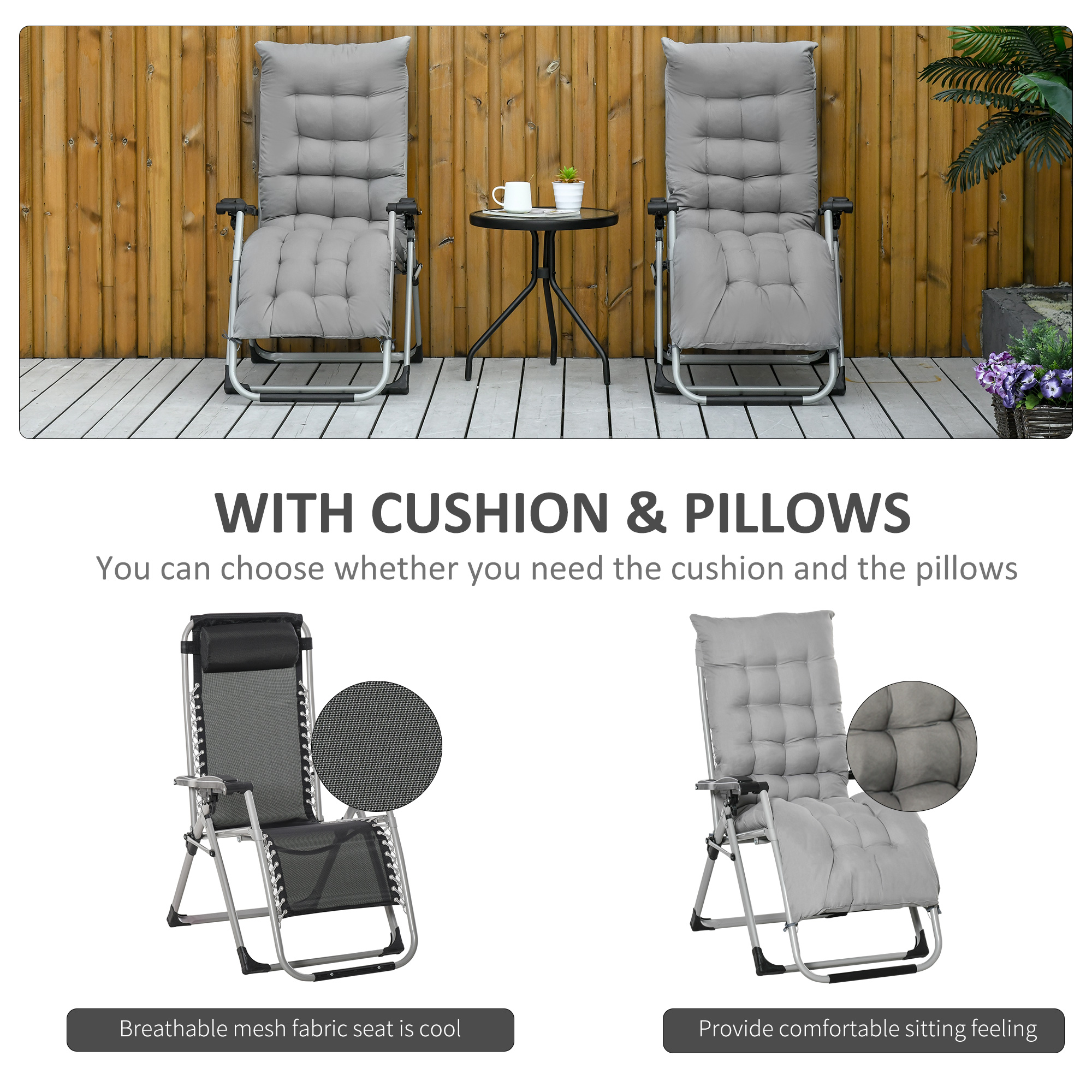 2 Piece Reclining Zero Gravity Sun Loungers With Cushions,Light Grey — image 4