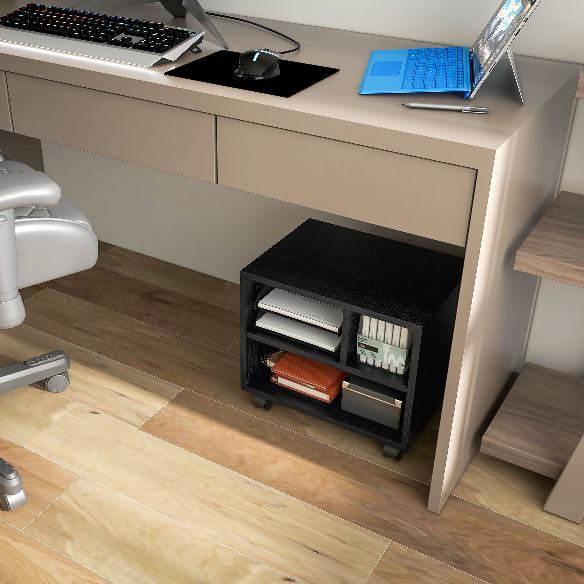 Three-Compartment Printer Cabinet,with Wheels-Black — image 2