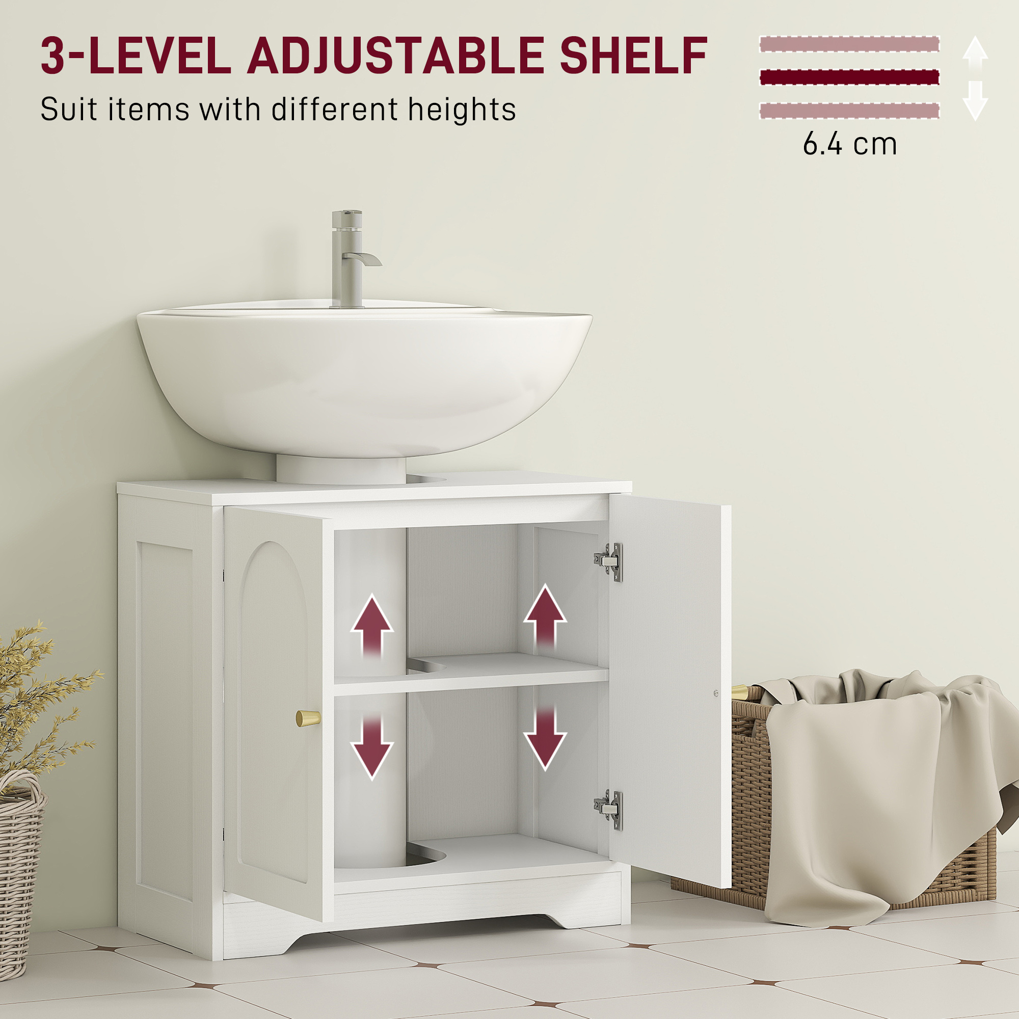 Under Sink Bathroom Cabinet With 2 Arch Doors-White