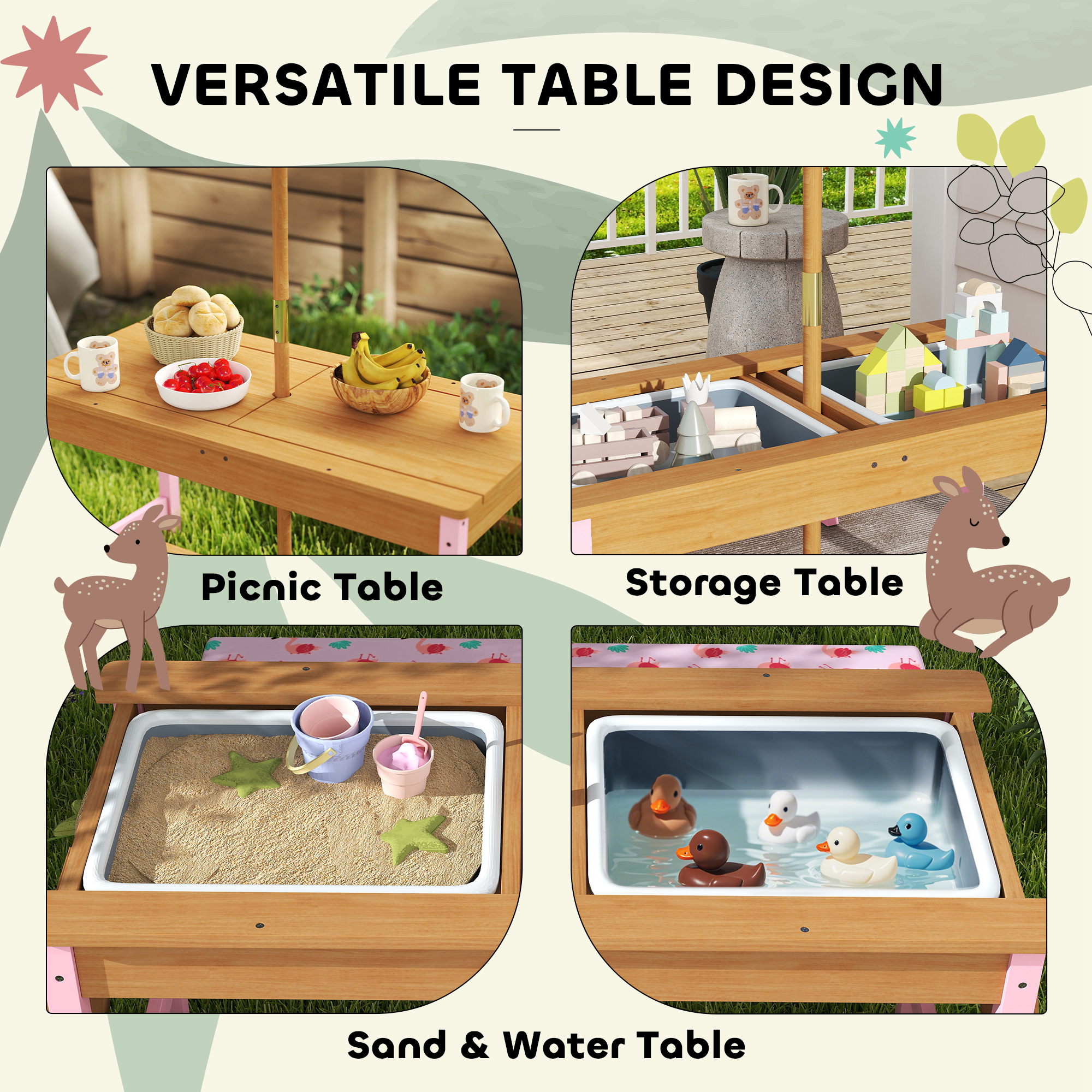 Kids Picnic Table Set With Removable & Foldable Umbrella,Storage Boxes,Flamingo — image 5