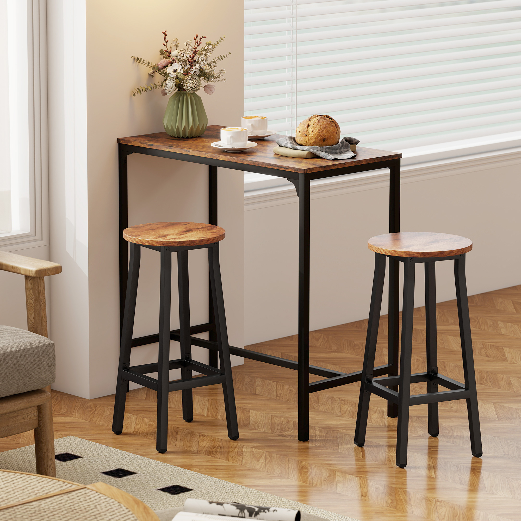 Bar Stools Set Of 2 Breakfast With Footrest,Industrial Round,32 X 32 X 65 — image 4