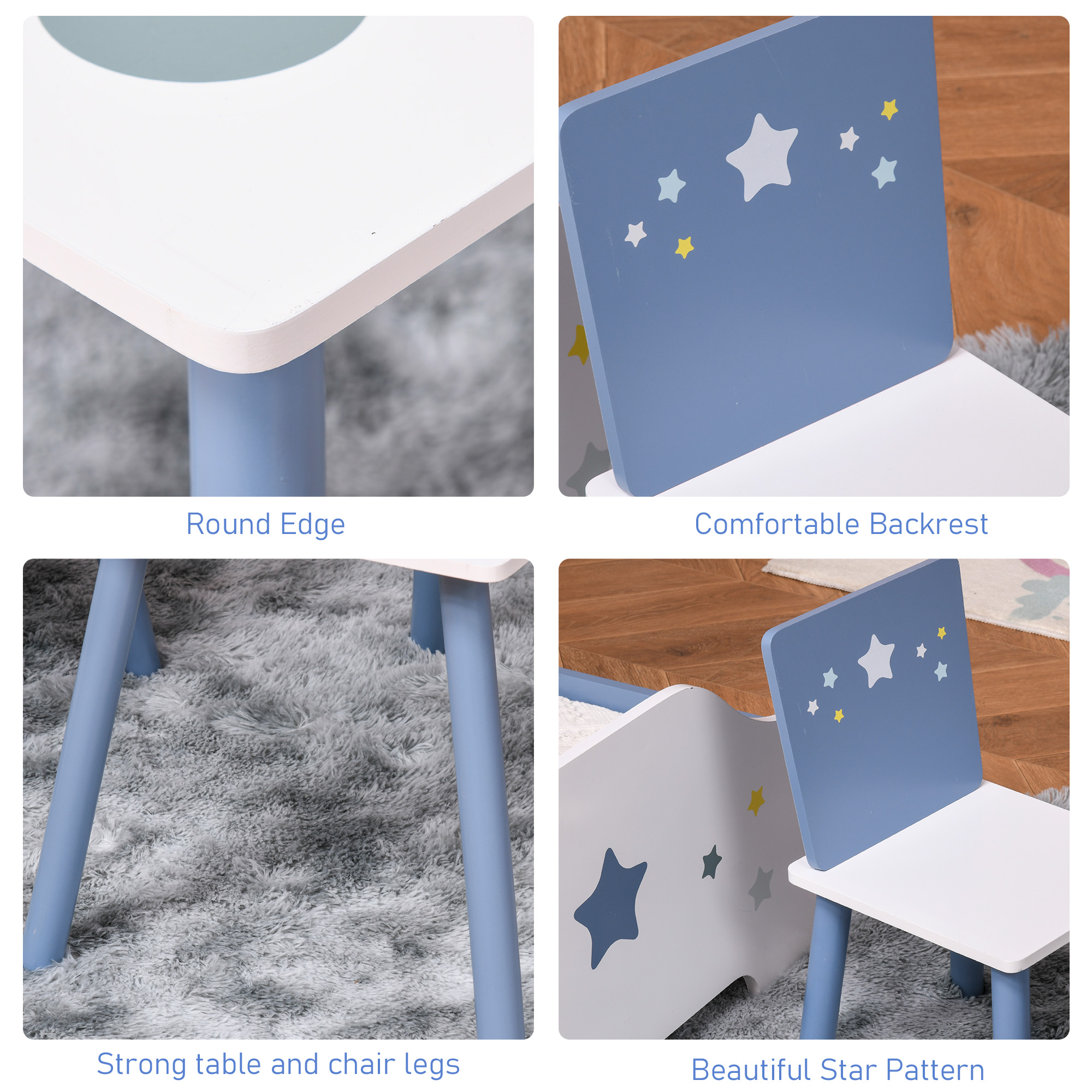 3 Pcs Kids Table & Chairs Set W/ Wood Legs Safe Corners Cute Stars Seating Mini — image 3