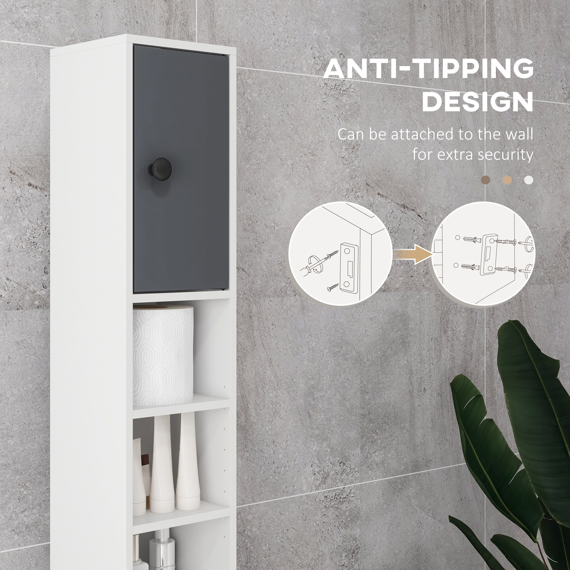 180cm Slim Bathroom Cabinet,with Drawer,Shelves And Cupboards-Grey — image 4