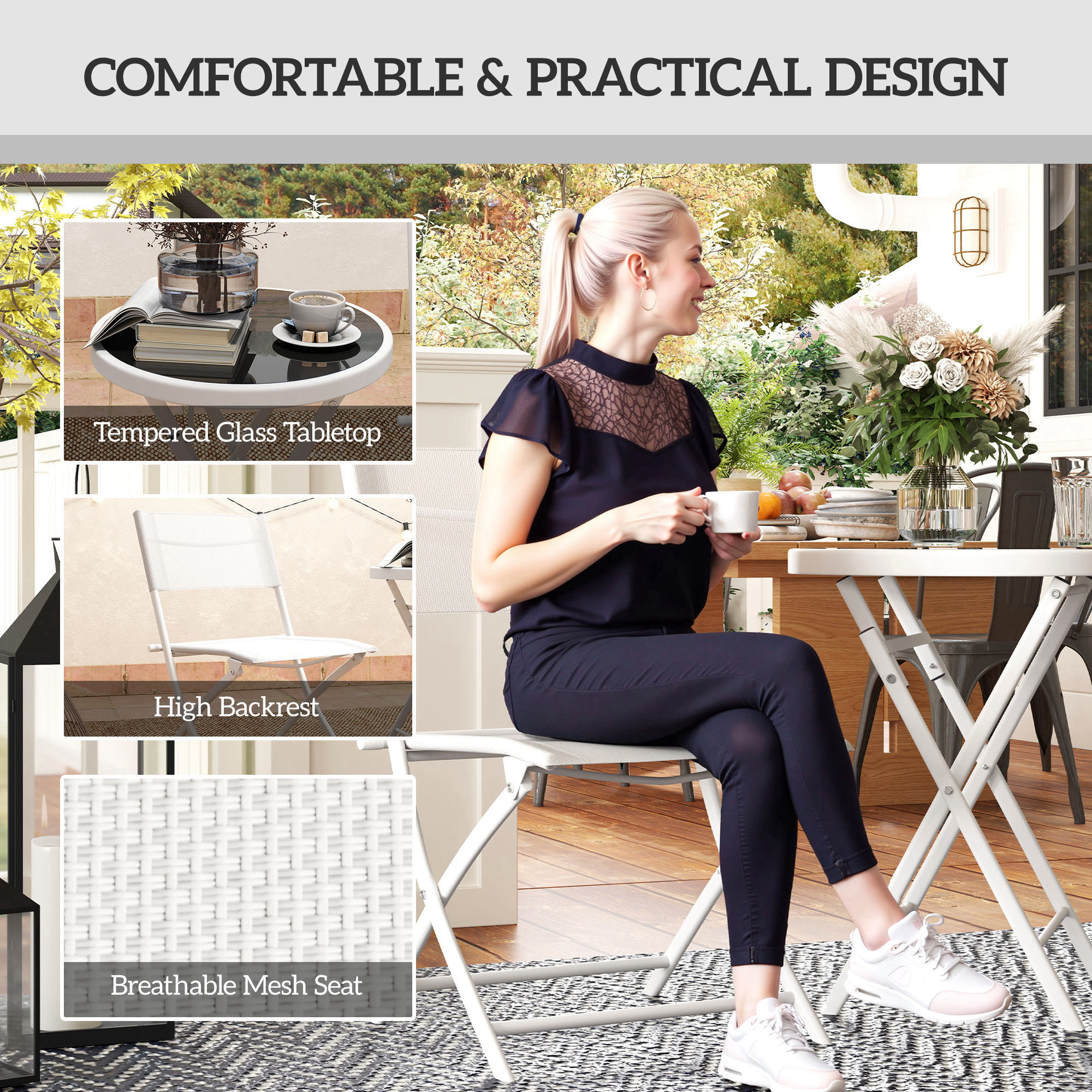 3 Pieces Outdoor Bistro Set,Glass Top Table And 2 Folding Chairs — image 2