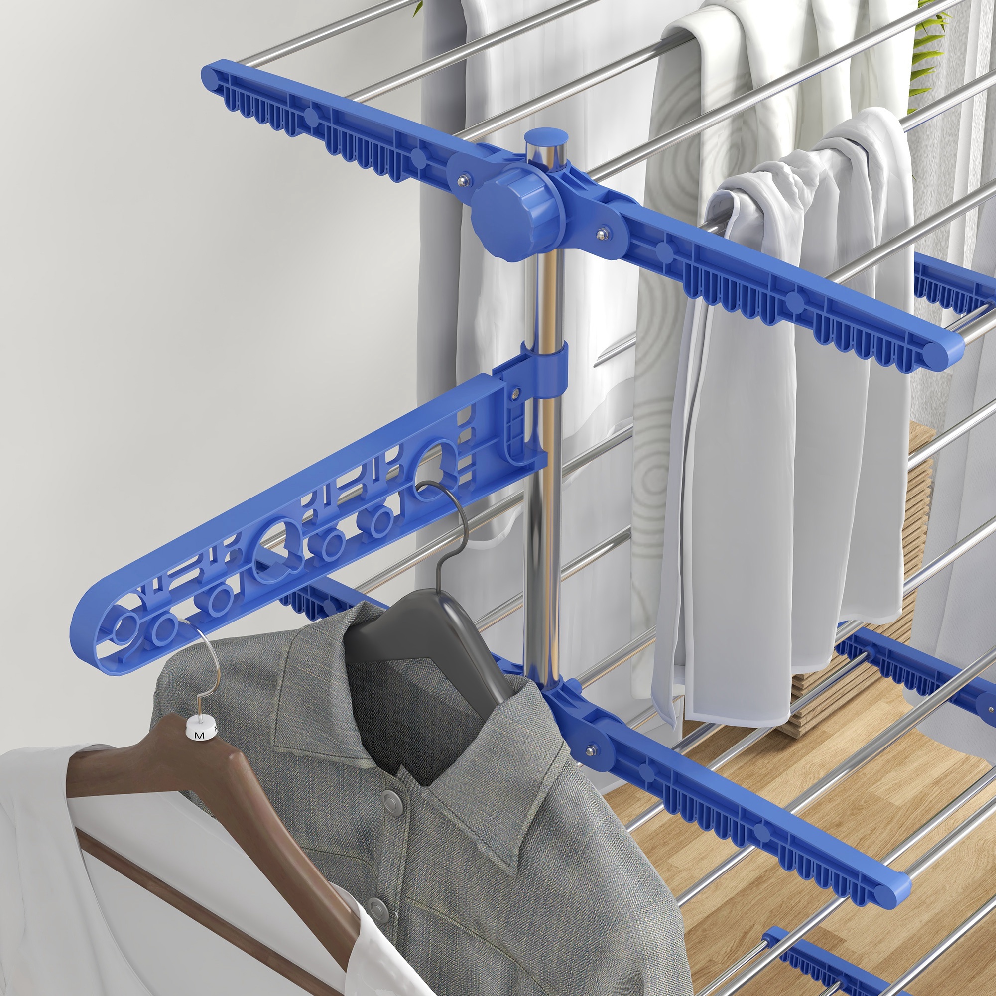 Four-Shelf Collapsing Clothes Horse,With Side Arms And Wheels-Blue — image 2
