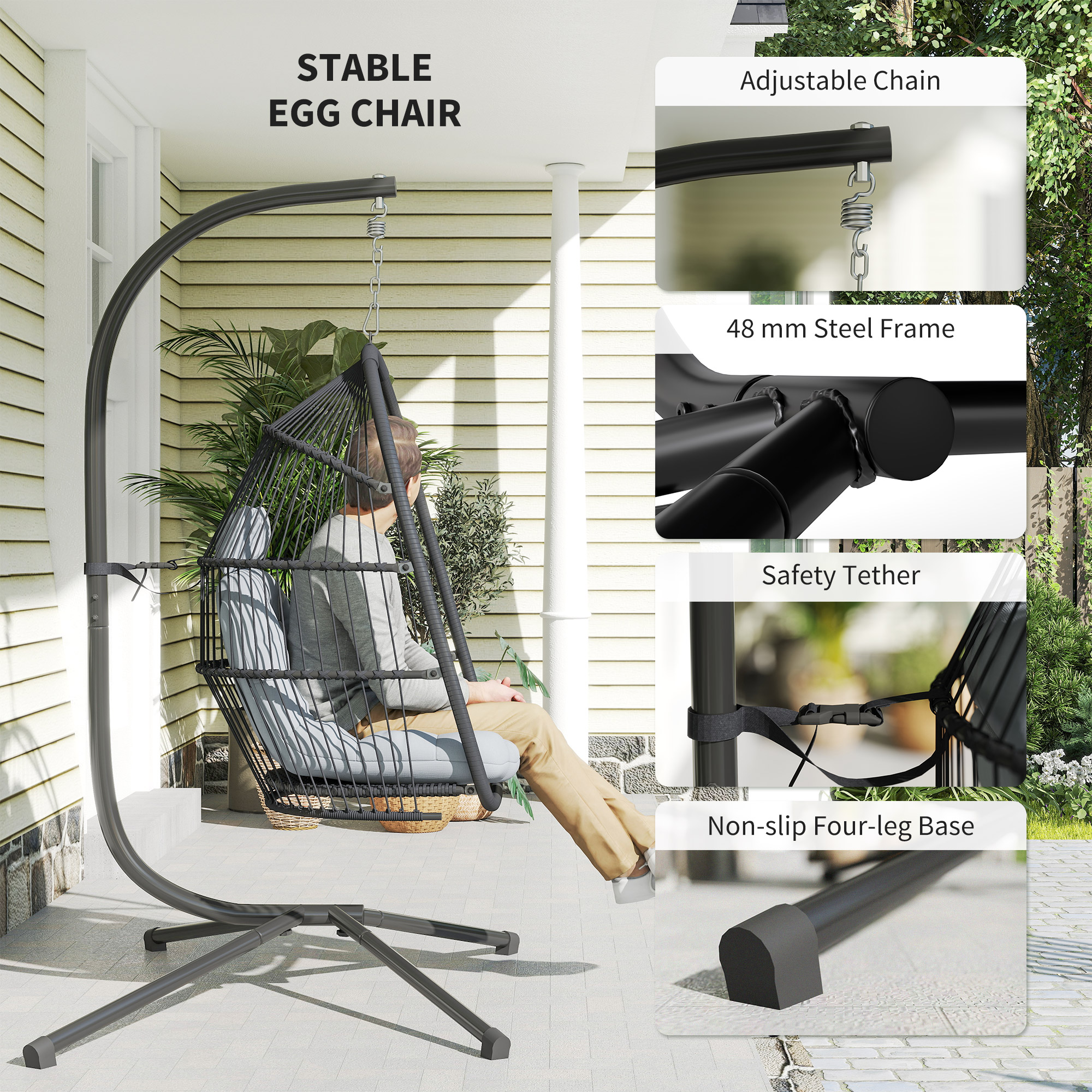 Hanging Egg Chair With Stand,Foldable Wicker Swing Cushion,Head Pillow,Steel — image 2