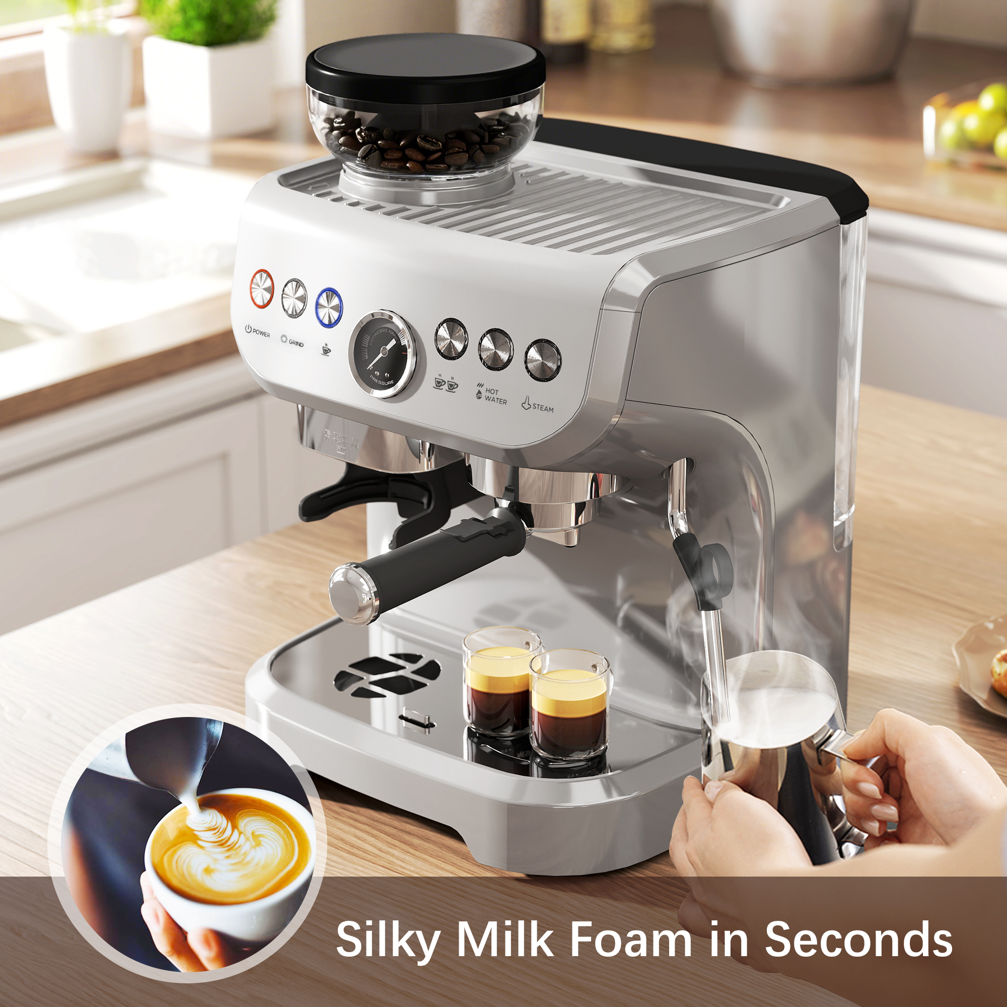15 Bar Coffee Machine,with Adjustable Grind,Steamer And Accessories-Silver — image 4