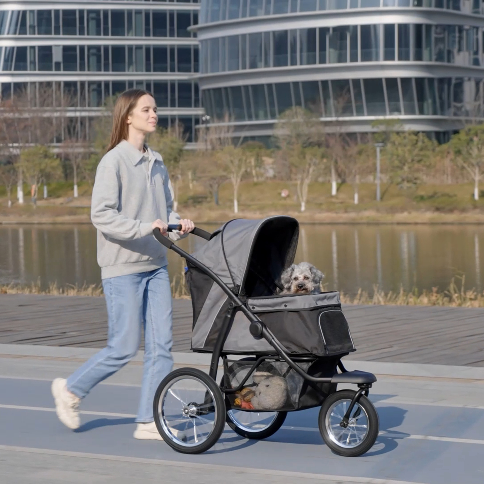 Foldable Pet Stroller,Dog Buggy With Three Wheels,for Small/Medium Dogs,Grey detail photo 9