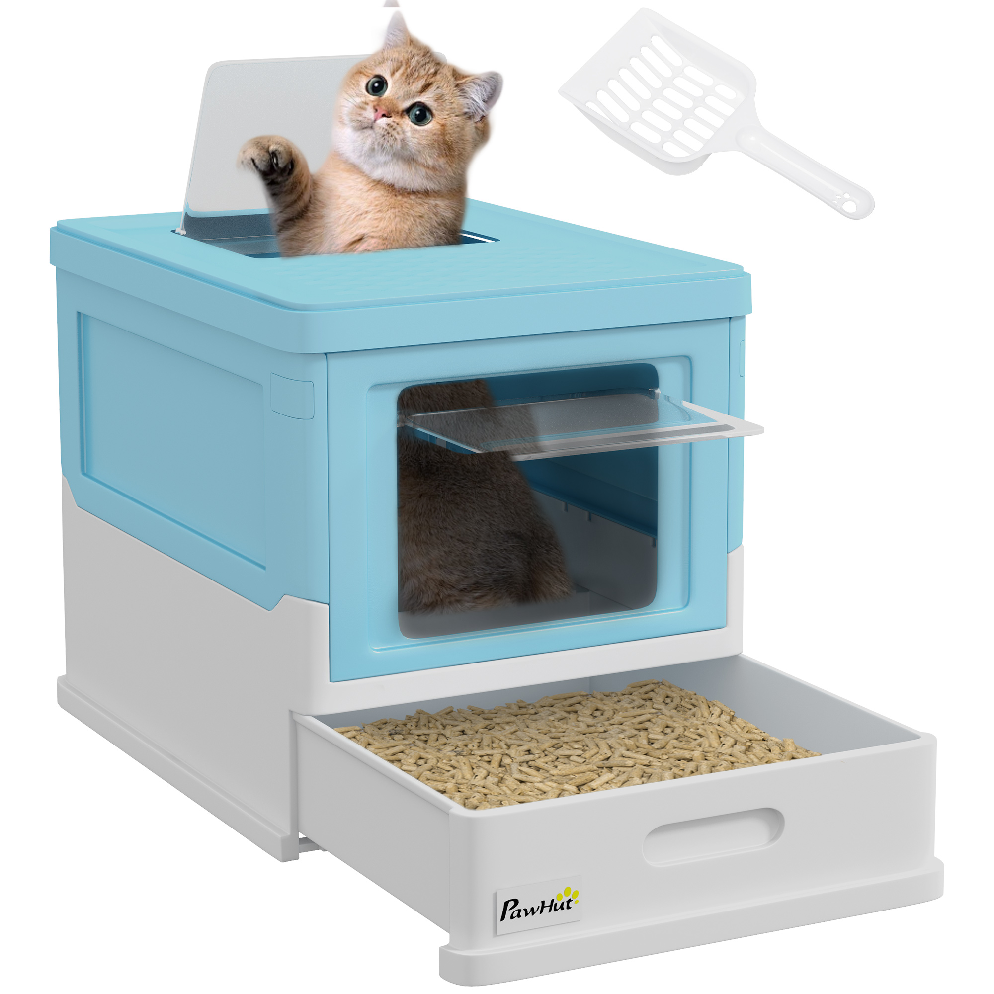 Hooded Cat Litter Box,Portable Pet Toilet,with Scoop,Front Entry-Light Blue — image 2