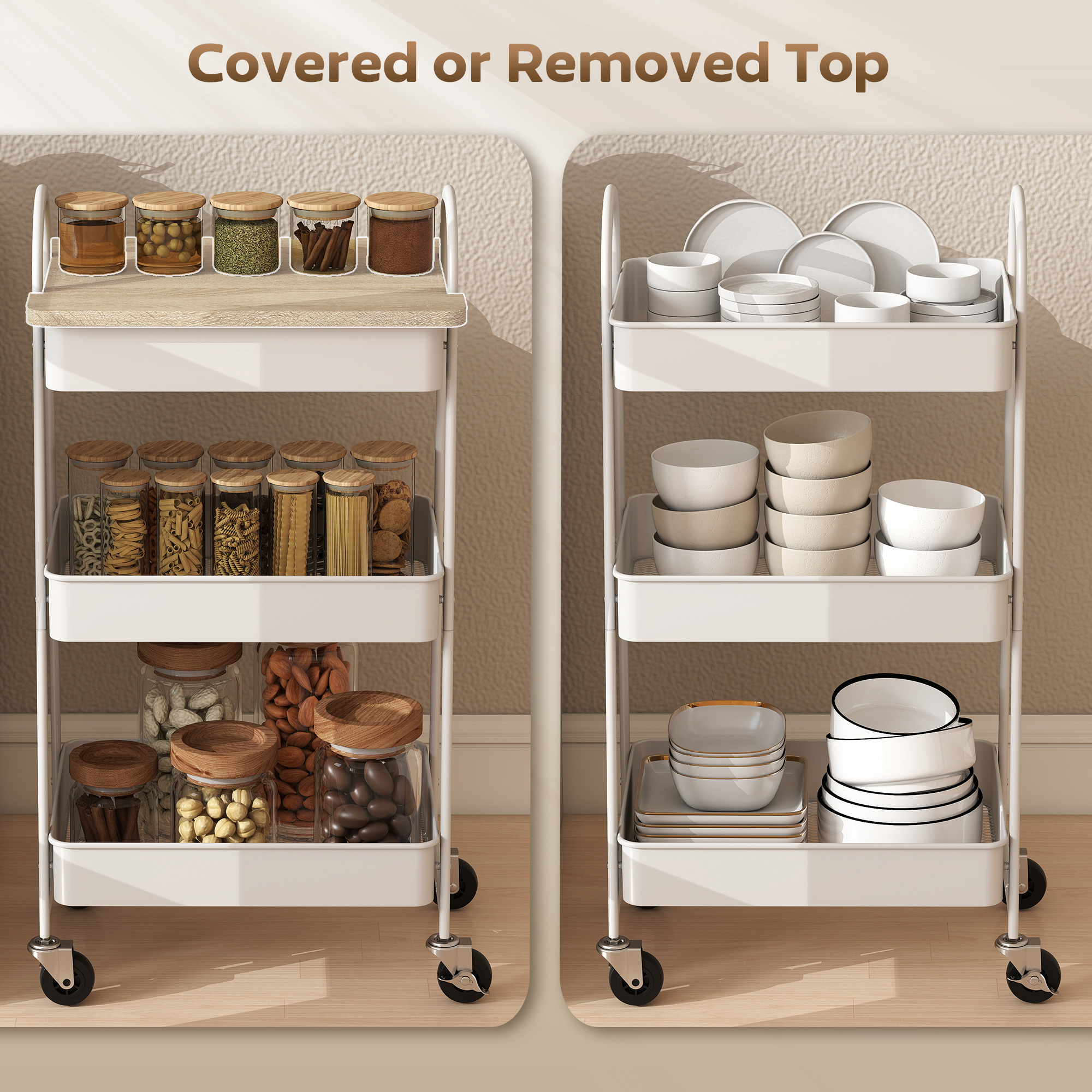 3-tier kitchen storage trolley with on wheels cover top