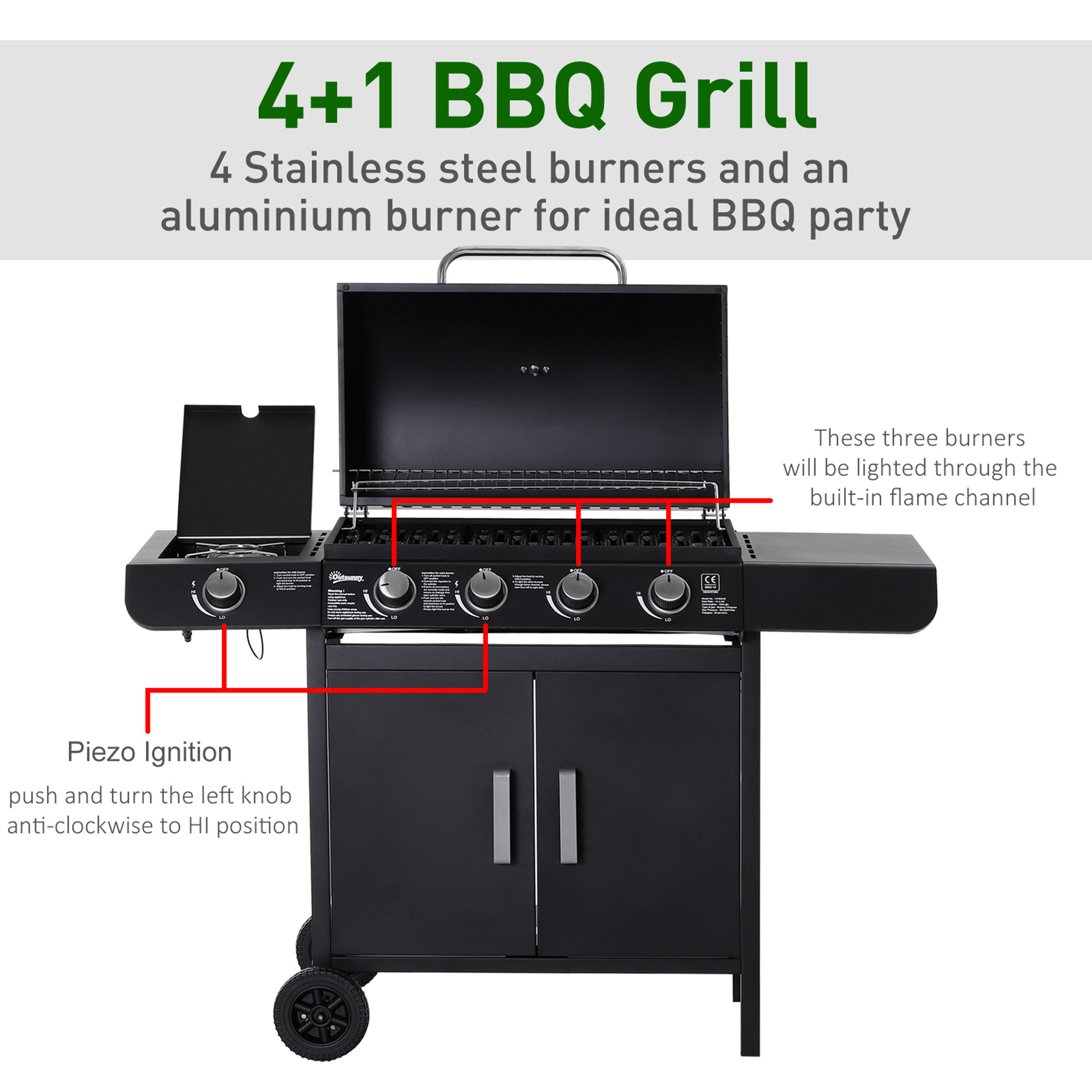 4+1 Burner Gas BBQ Grill,Outdoor Barbecue Trolley With Wheels,Warming Rack,Side