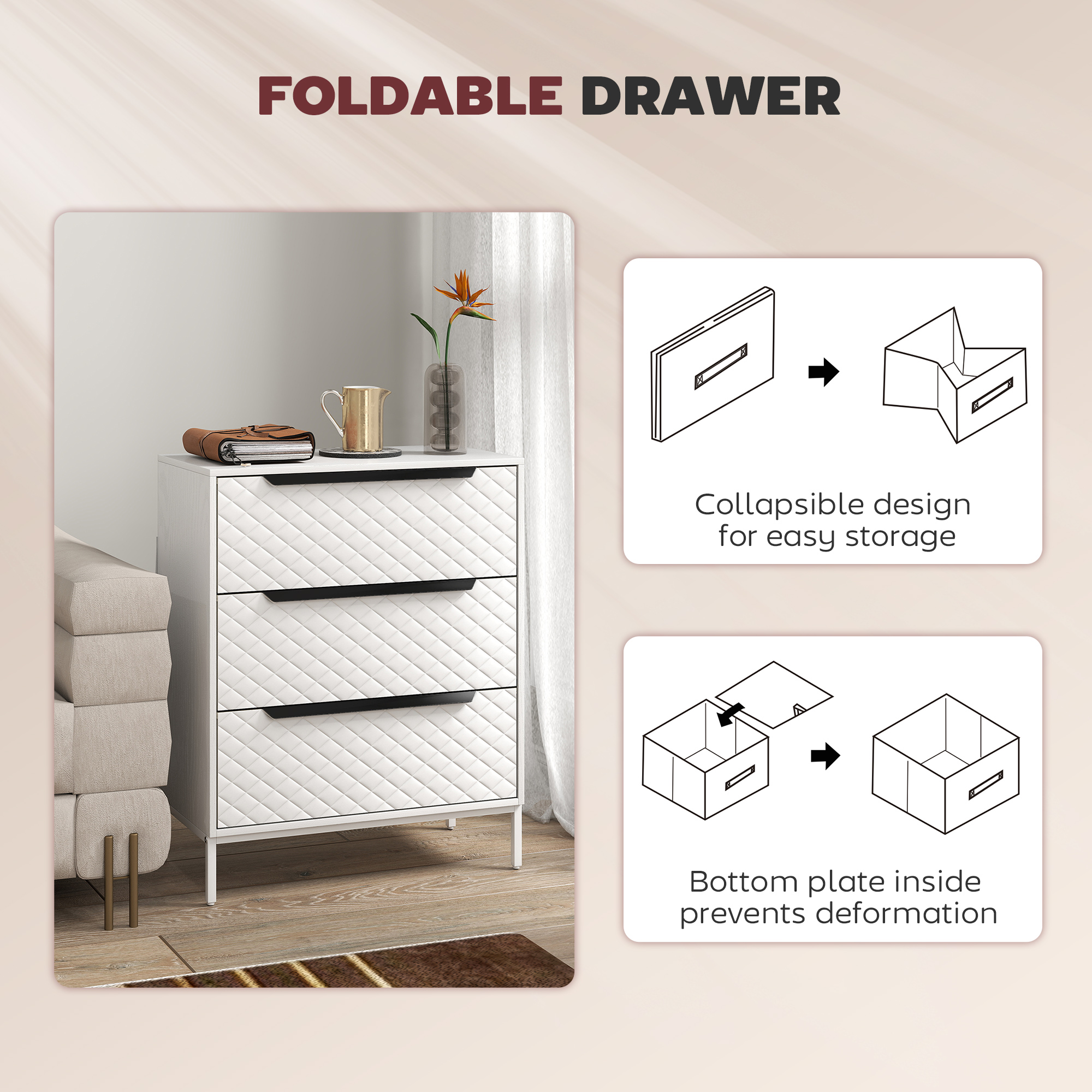 Chest Of Drawers,Dresser With 3 Fabric Drawers And Aluminium Handles-Black — image 3