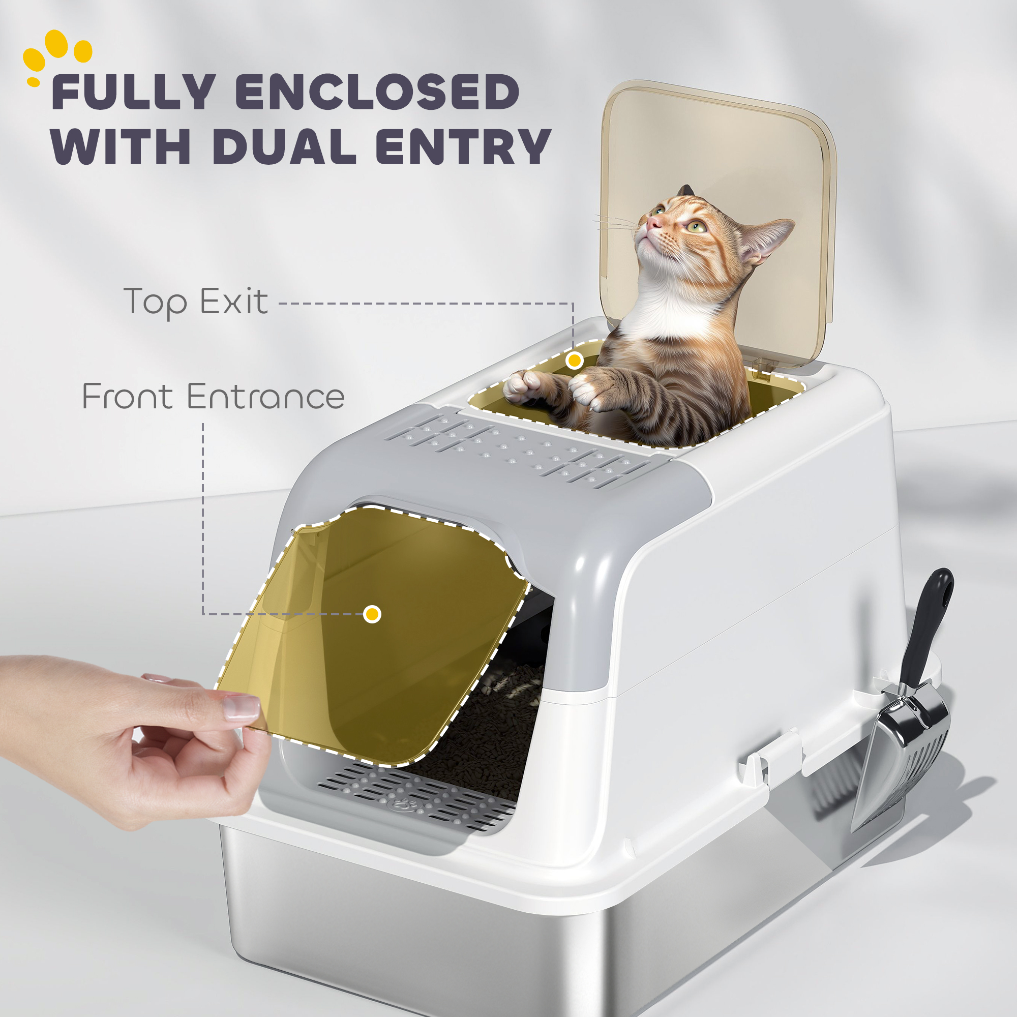 Extra Large Stainless Steel Litter Box,Enclosed Cat Litter Tray With Scoop,Deodorizer Bag,Front-Entry And Top-Exit detail photo 6
