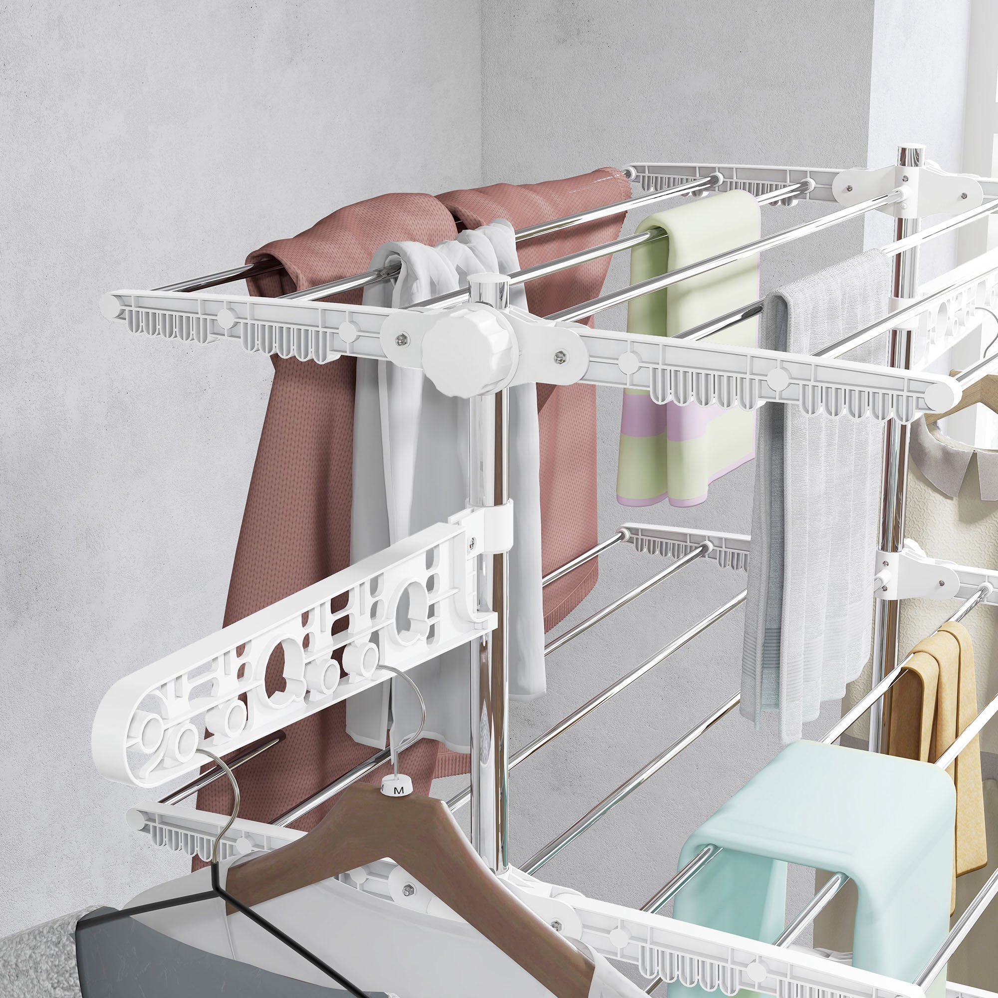 Four-Shelf Collapsing Clothes Horse,With Side Arms And Wheels-White — image 5