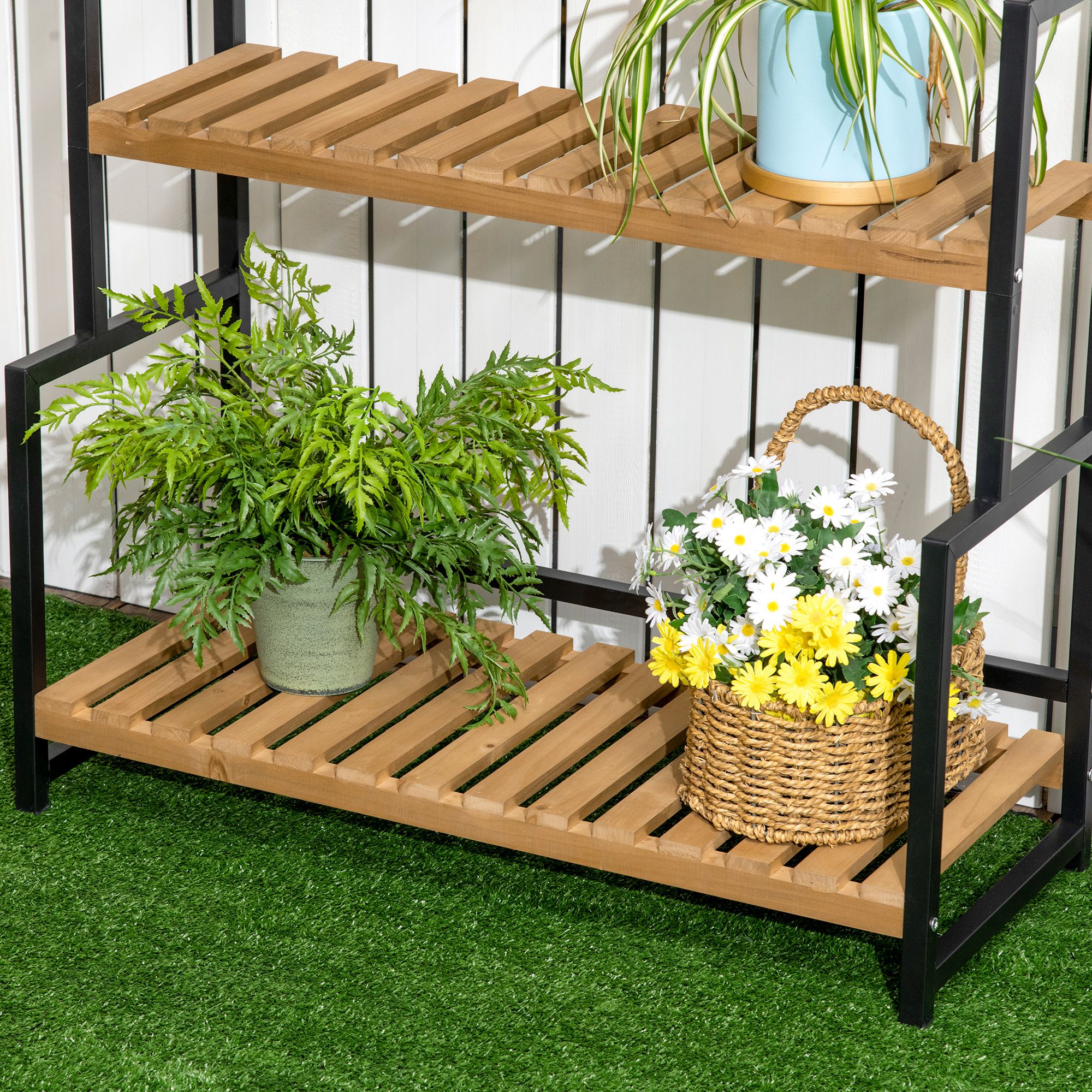 3 Tiered Plant Stand With Hanging Hooks,Flower Rack Shelf For Indoor Outdoor — image 5