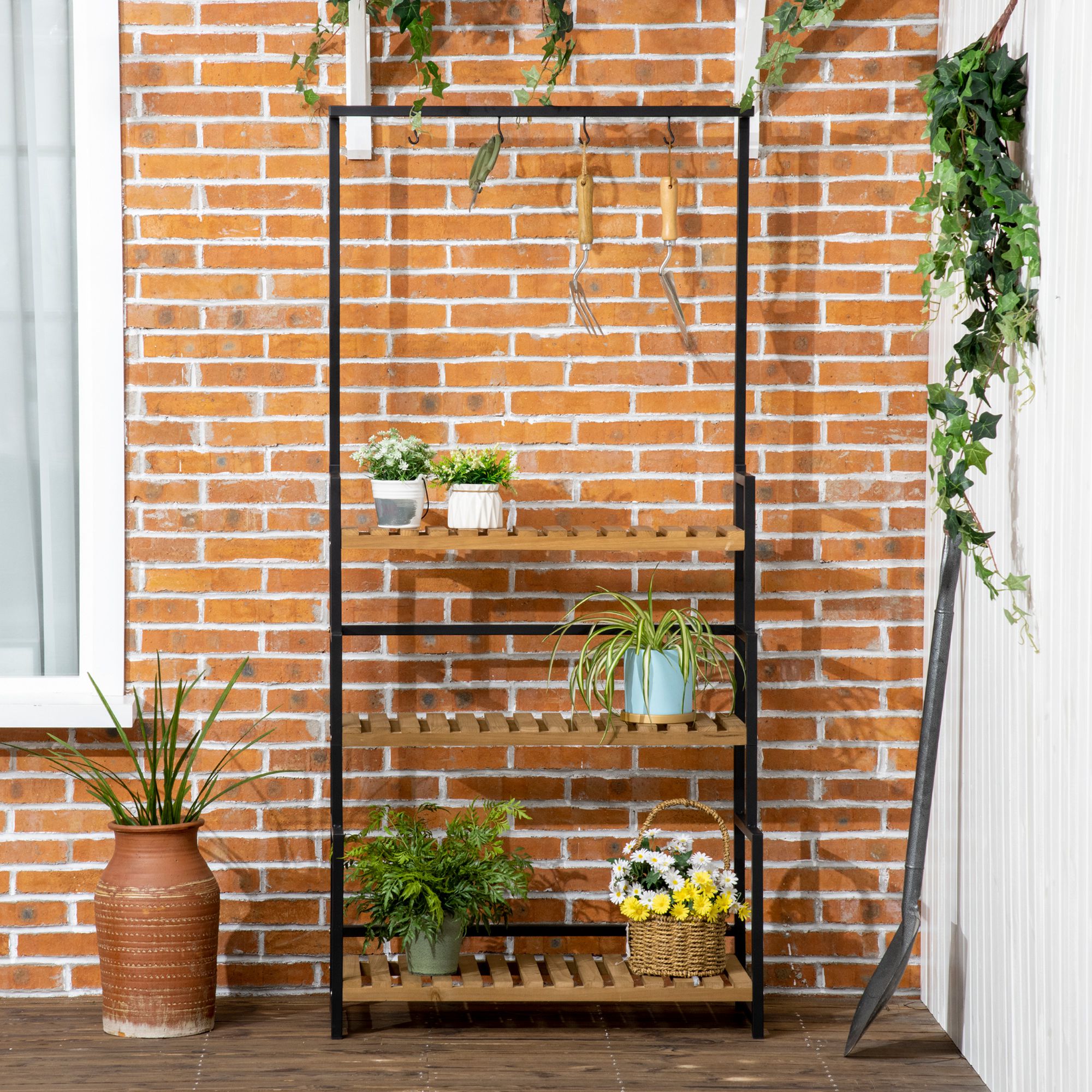 3 Tiered Plant Stand With Hanging Hooks,Flower Rack Shelf For Indoor Outdoor