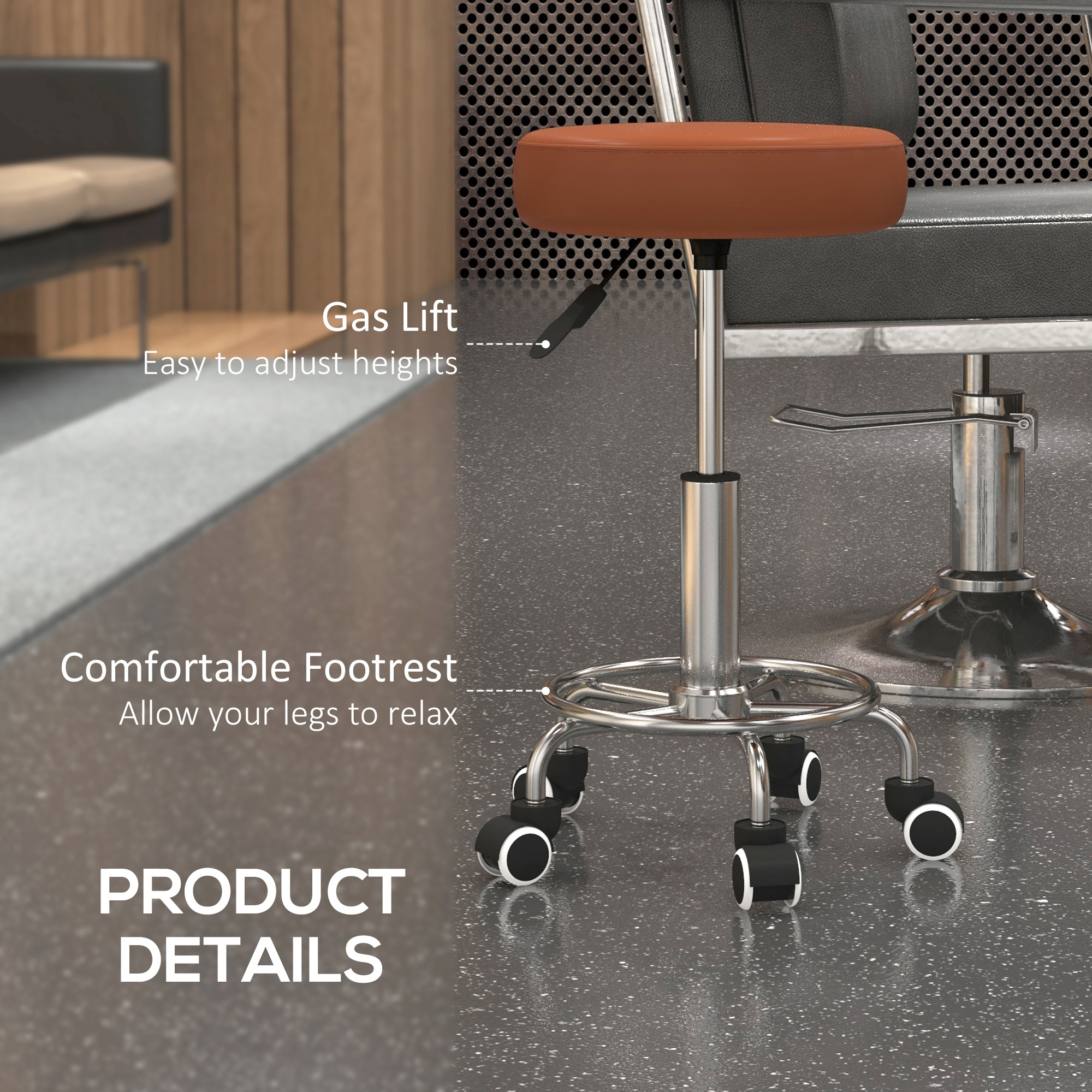 PU Leather Rolling Stool,Height Adjustable Stool Chair With Wheels