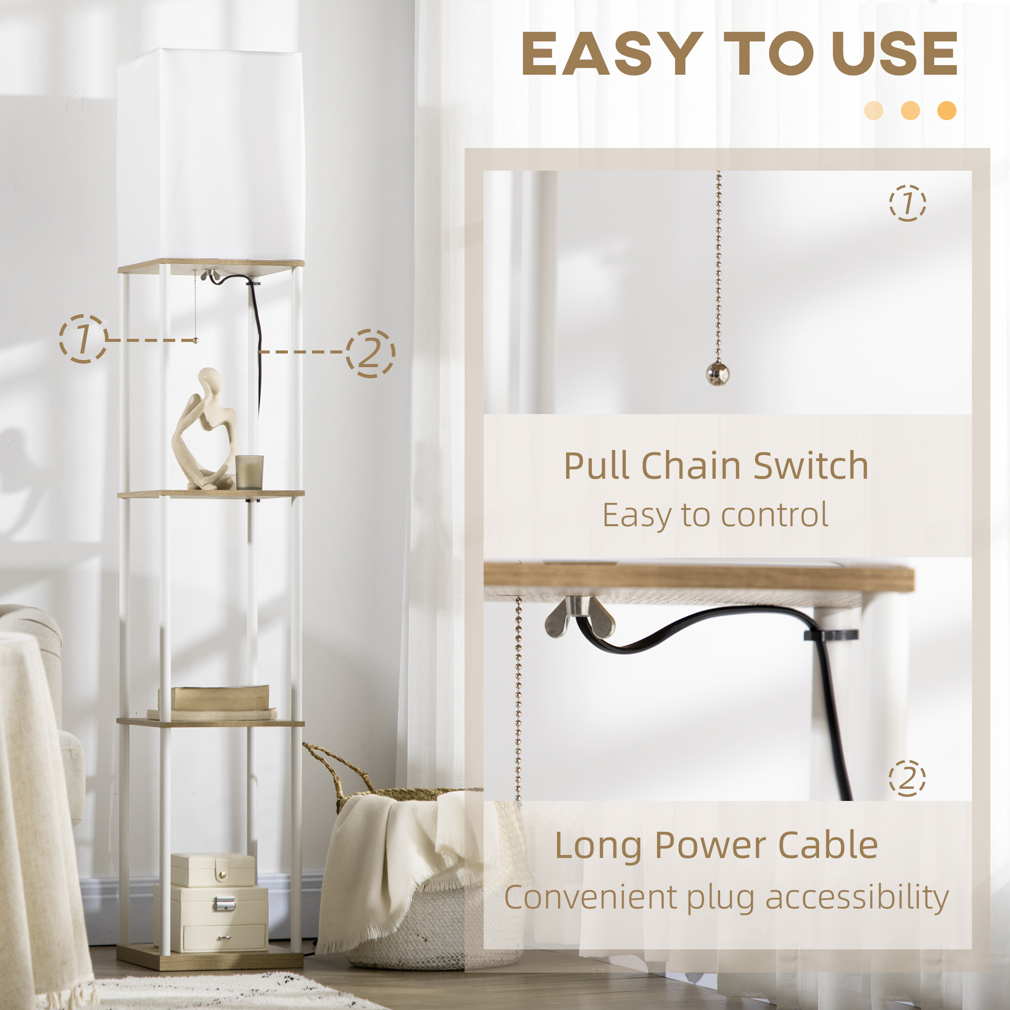 Modern Metal Floor Lamp With Shelves,3 Layer Shelf Tall Standing Fabric