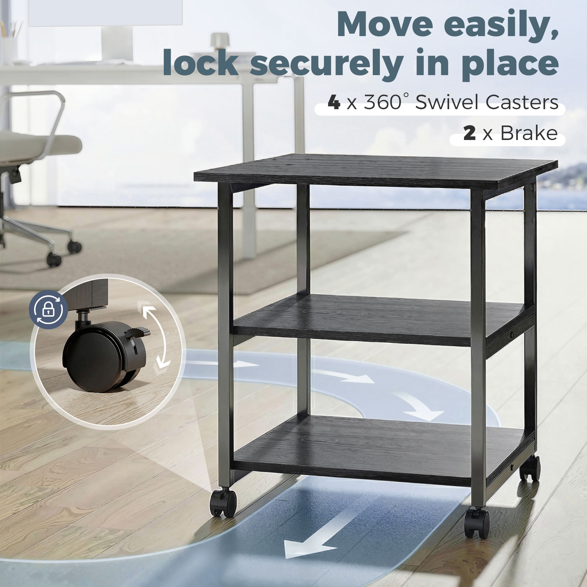 Three-Tier Steel Printer Stand,with Wheels-Black