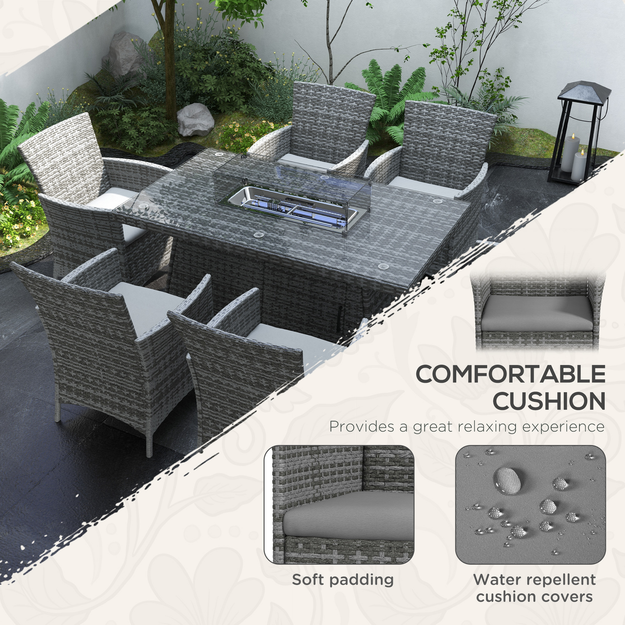 7 Pieces Outdoor Rattan Garden Furniture With Fire Pit Table,6 Seater Table — image 4