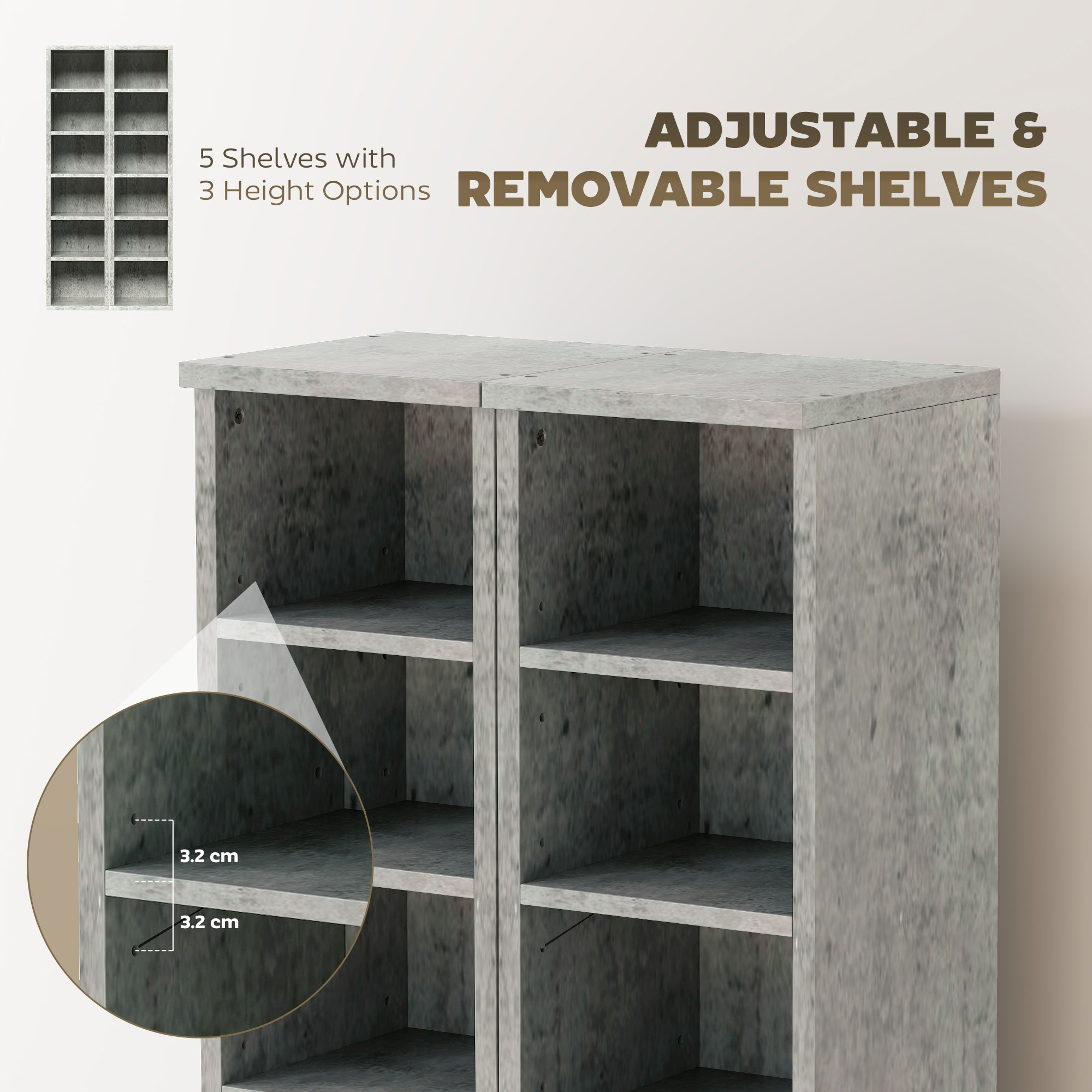 Set Of 2 CD Media Display Shelf Unit Tower Rack With Adjustable Shelves,Cement — image 2