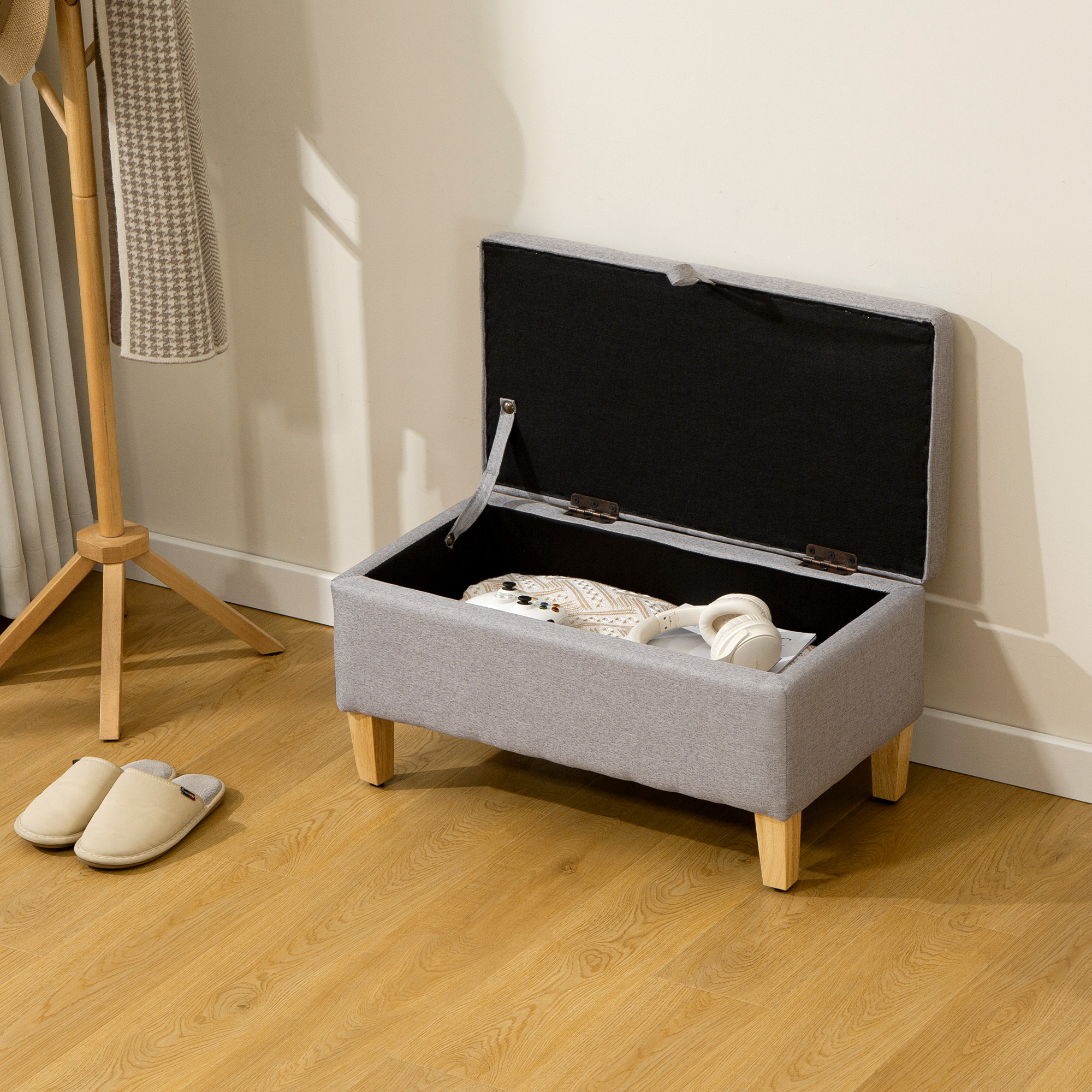 30L Linen Storage Ottoman Padded Footstool With Rubberwood Legs For Box,Bed — image 5