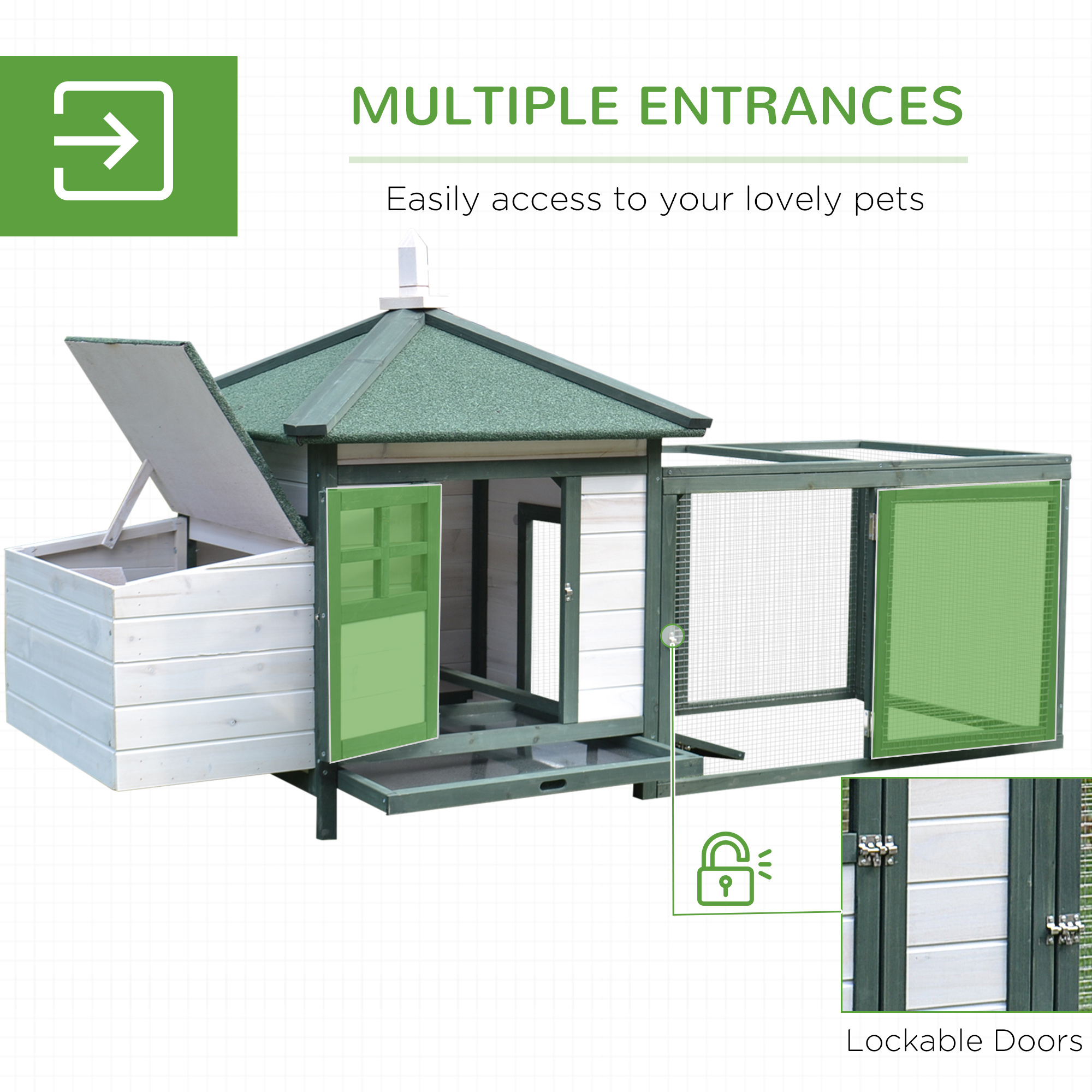 Chicken Coop,Small Animal Pet Cage W/ Nesting Box,Wooden Outdoor Run,Green — image 2