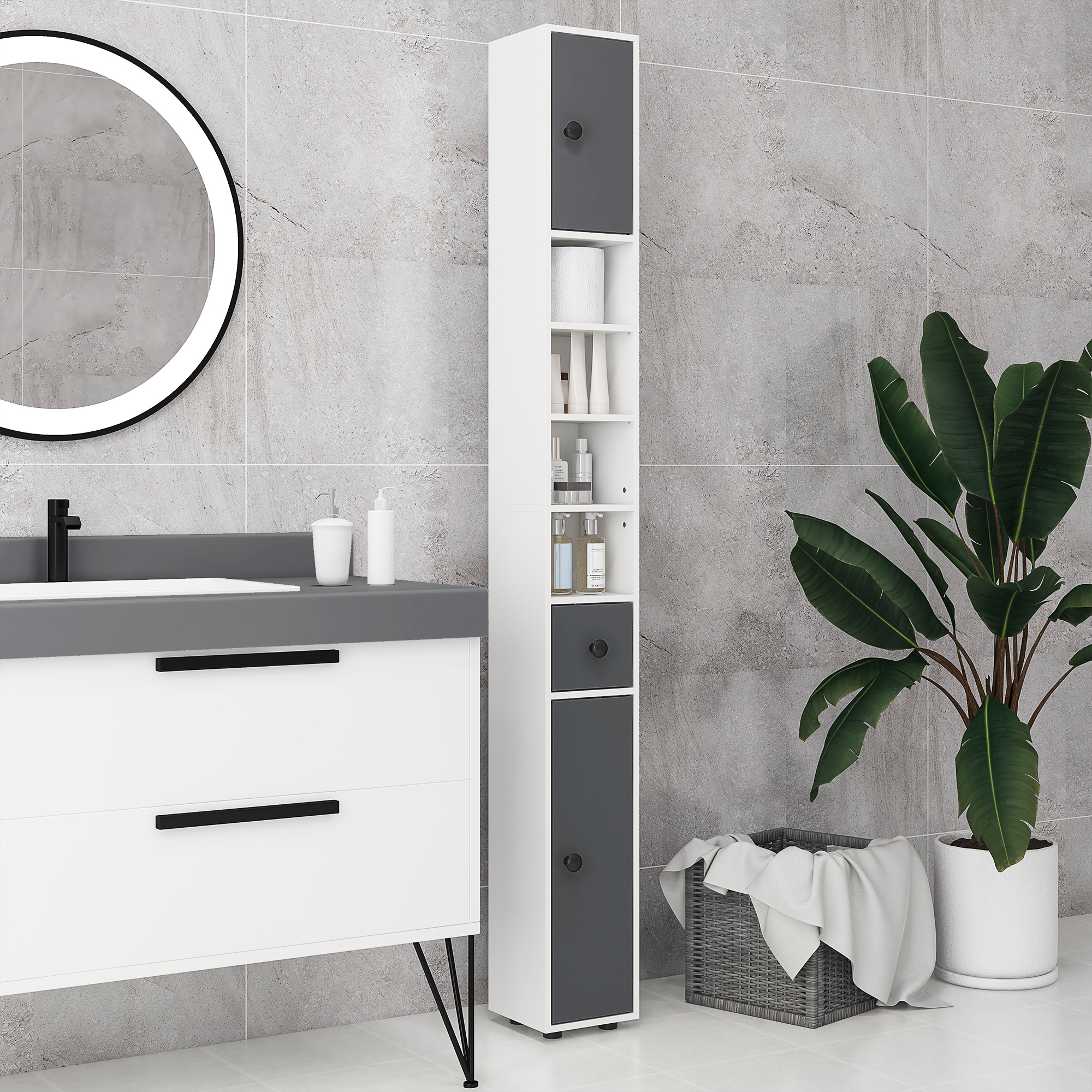 180cm Slim Bathroom Cabinet,with Drawer,Shelves And Cupboards-Grey