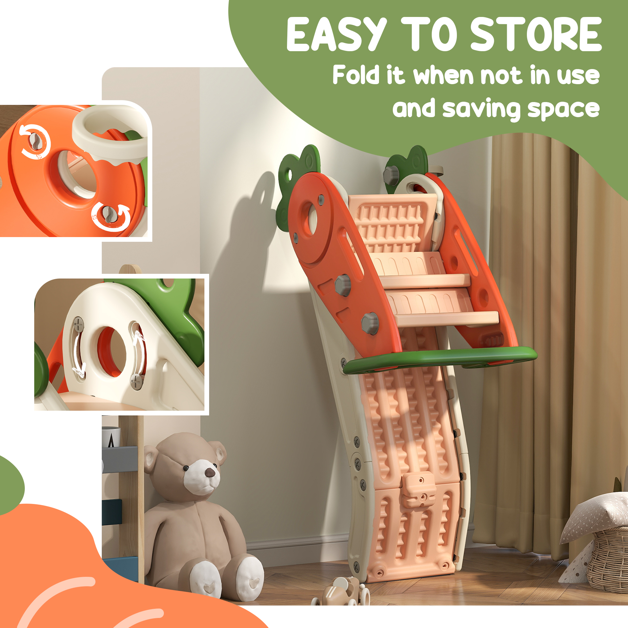 3 In 1 Foldable Toddler Slide With Basketball Hoop,Climber,Carrot-themed,for