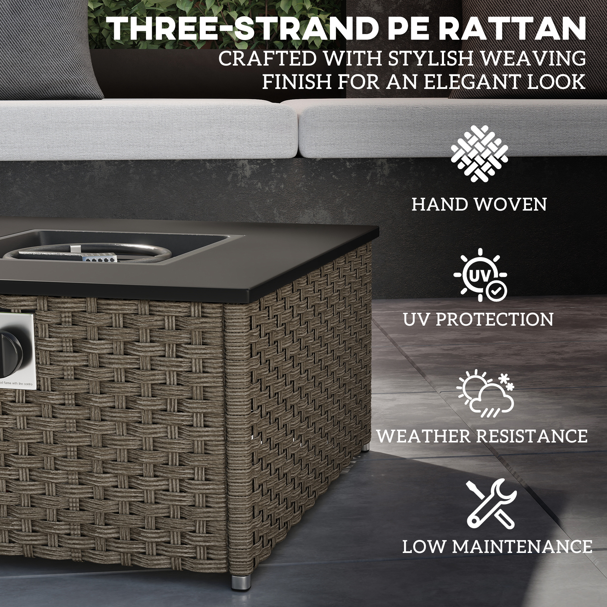 Rattan Gas Fire Pit Table For Garden,13 KW Smokeless Propane With Lid,Square — image 3
