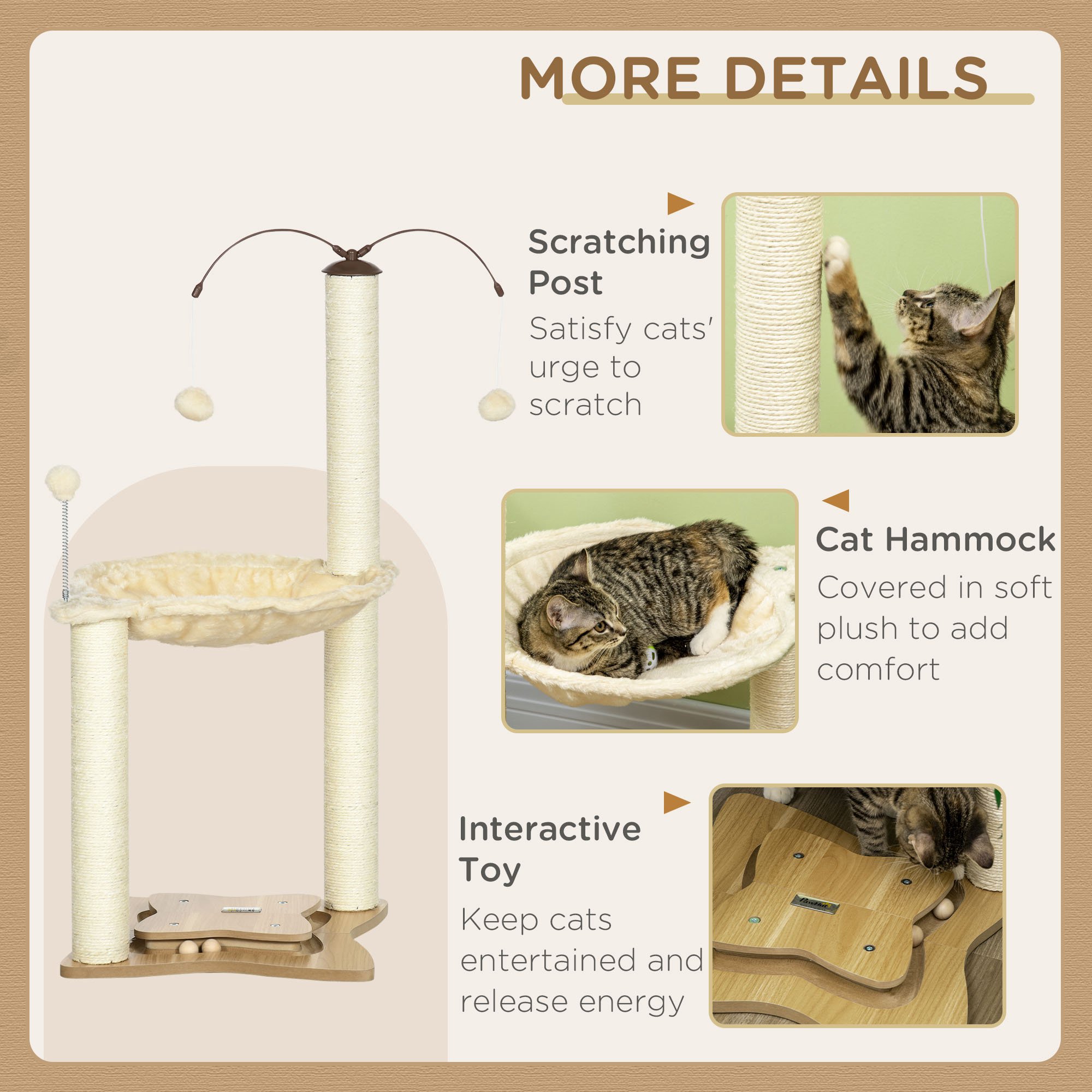 Cat Tree,with Scratching Posts,Hammock,Toy Ball-Beige detail photo 3