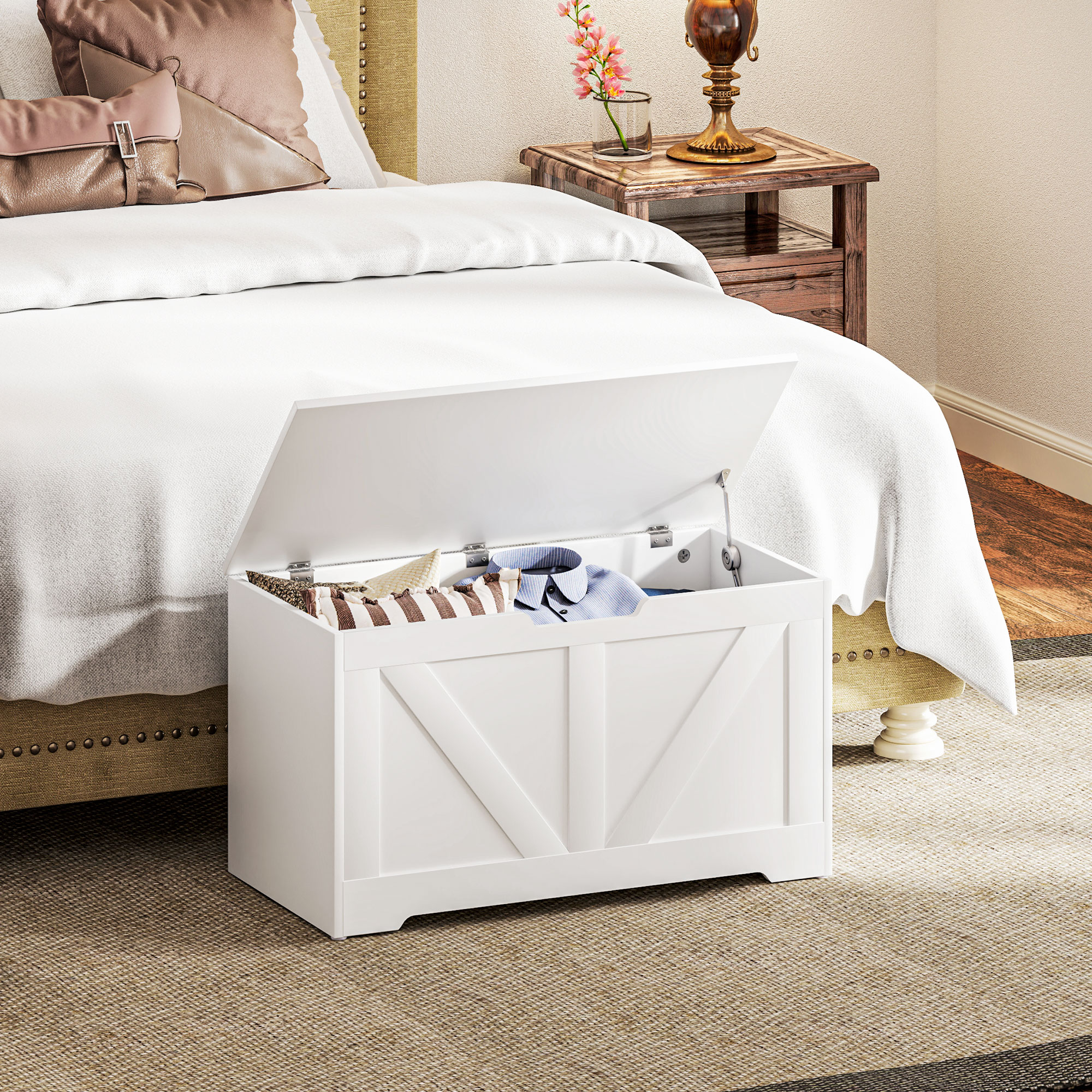 100L Home Storage Box,with Safety Hinges-White Wood-Effect — image 2
