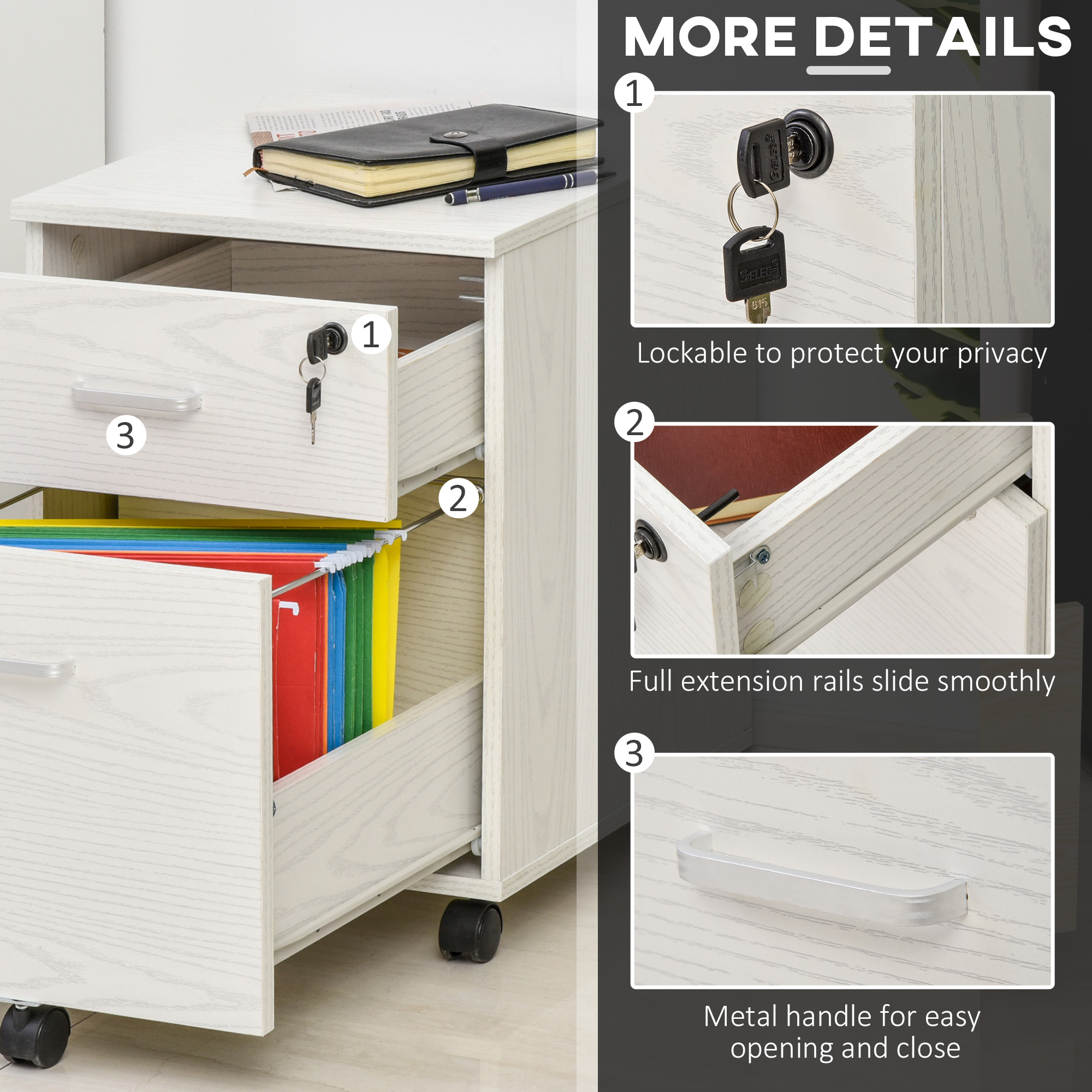 Vinsetto 2-Drawer Locking Office Filing Cabinet W/ 5 Wheels Rolling Storage