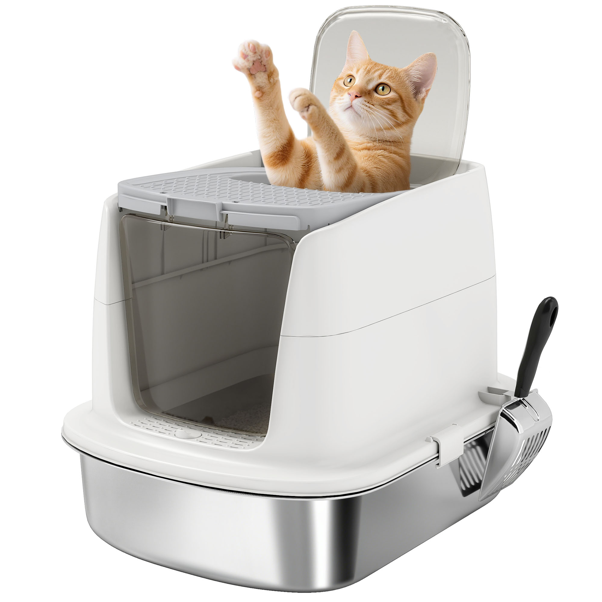 Large Stainless Steel Litter Box,Enclosed Metal Cat Tray With Scoop,Deodoriser