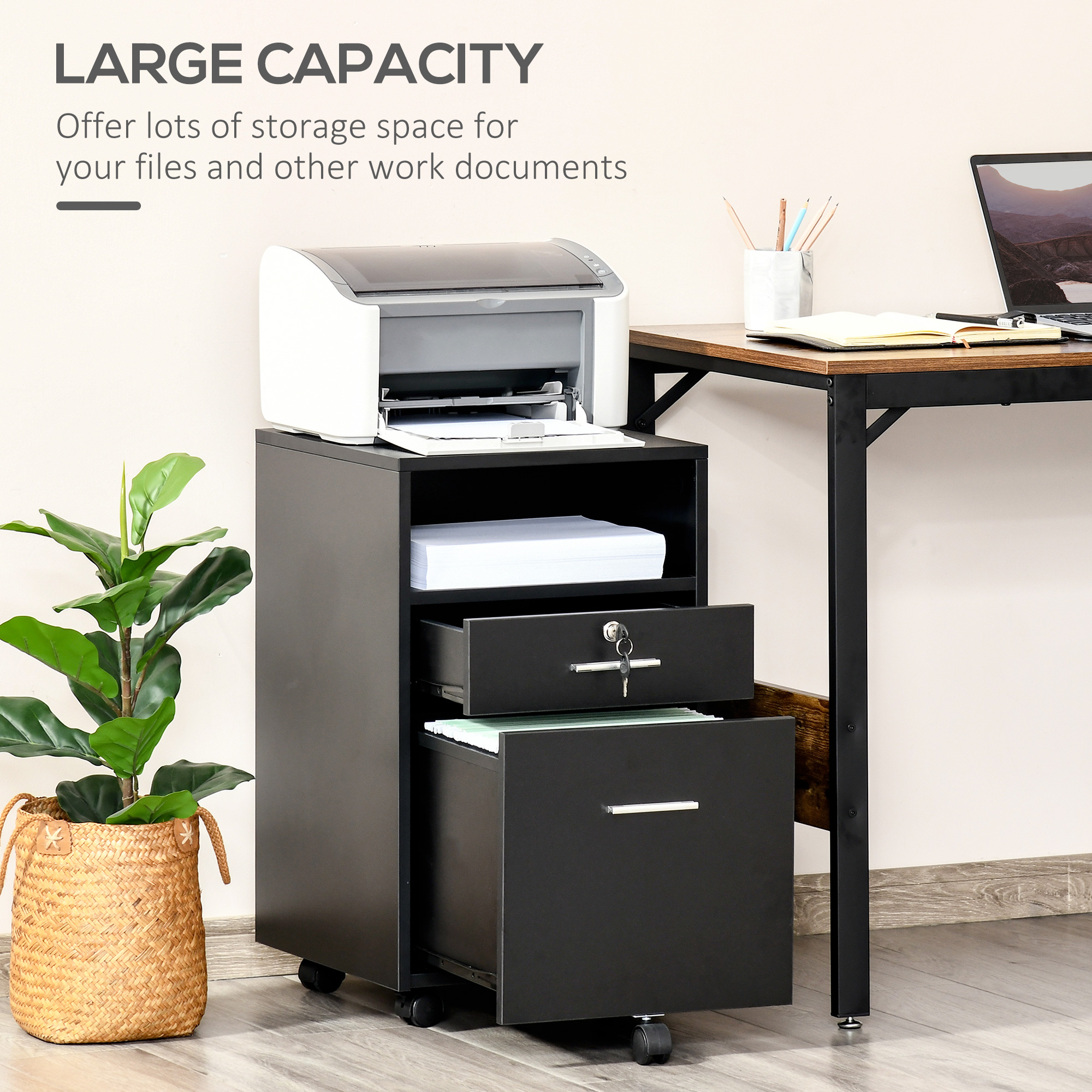 Lockable Two-Drawer Filing Cabinet,with Wheels-Black