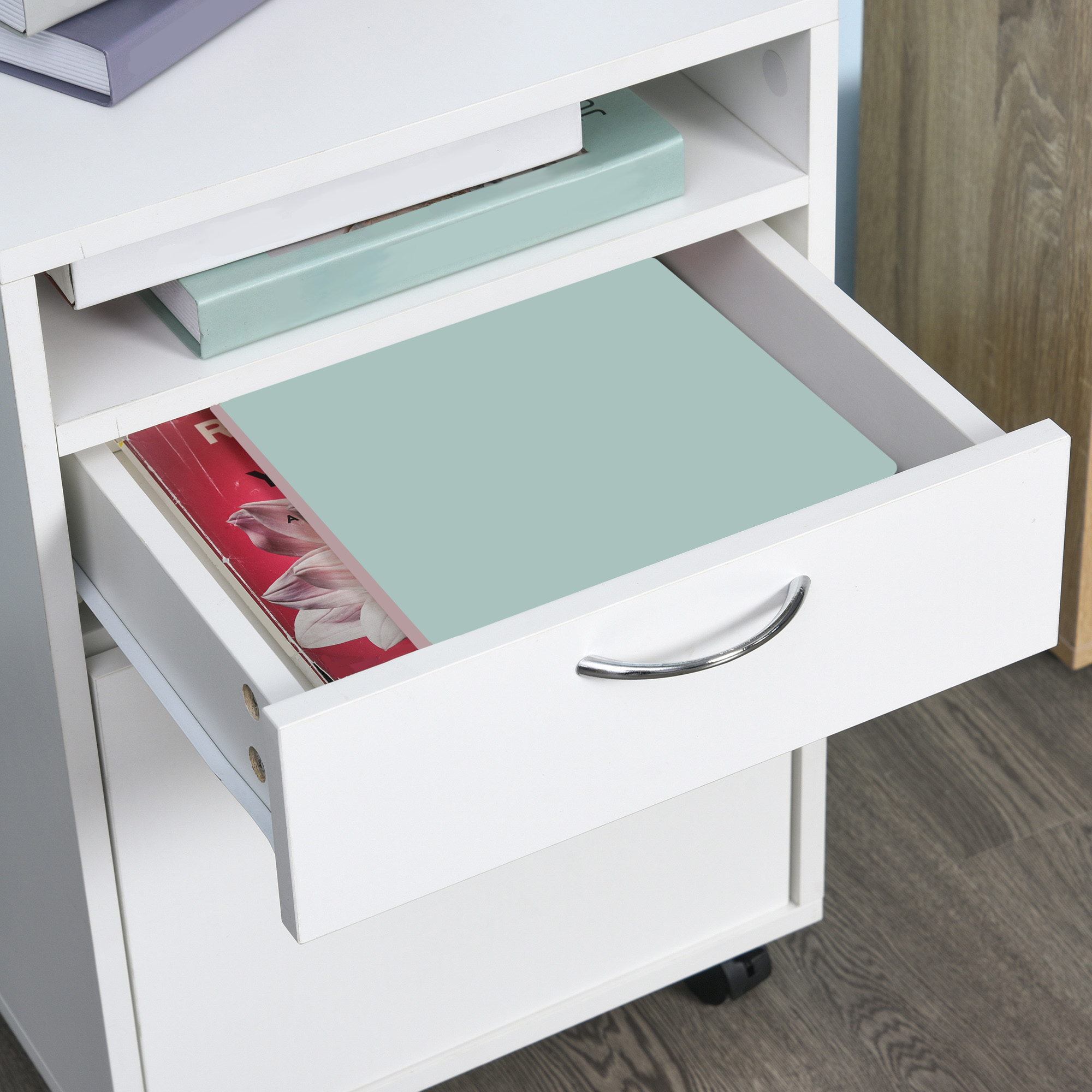 60cm Filing Cabinet With Drawer,Open Shelf,Metal Handles And 4 Wheels,Office