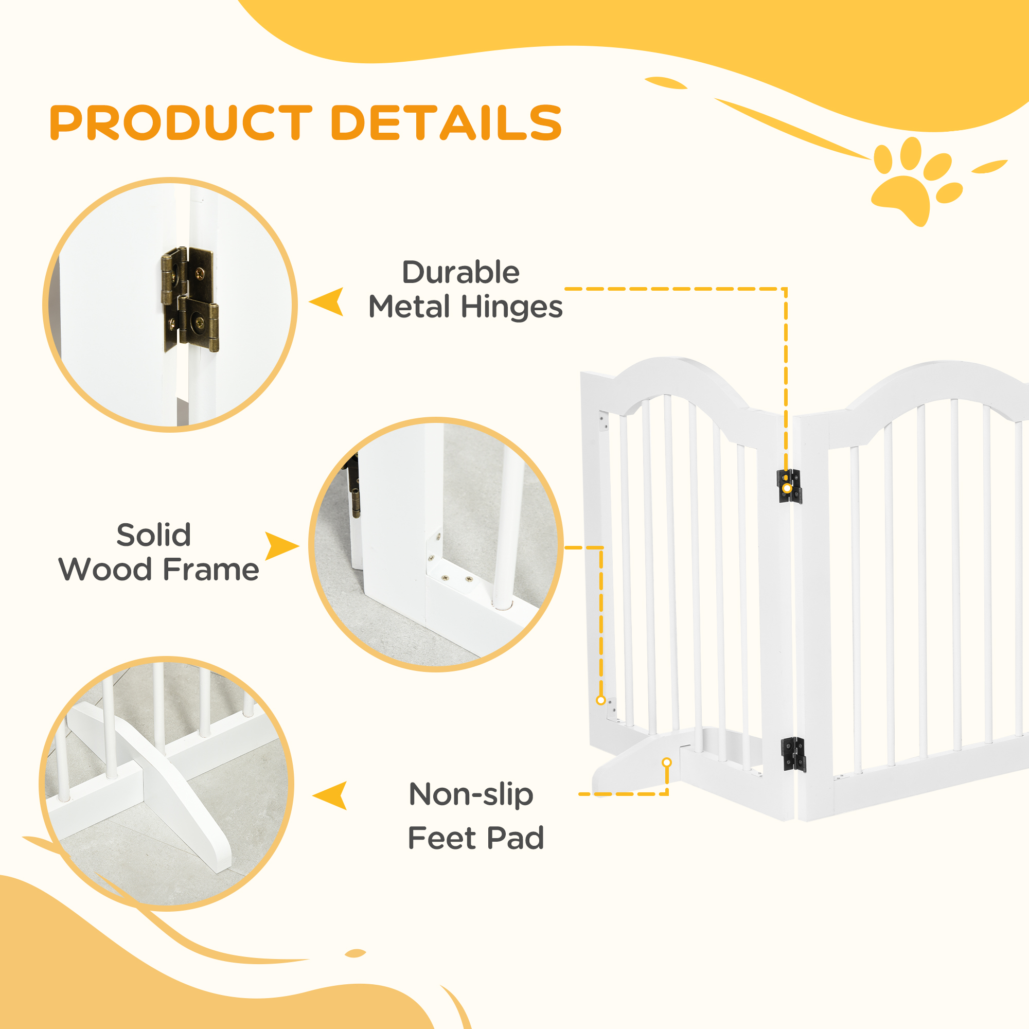 3 Panels Dog Gate W/ Support Feet Fence Safety Barrier Freestanding Wood White — image 5