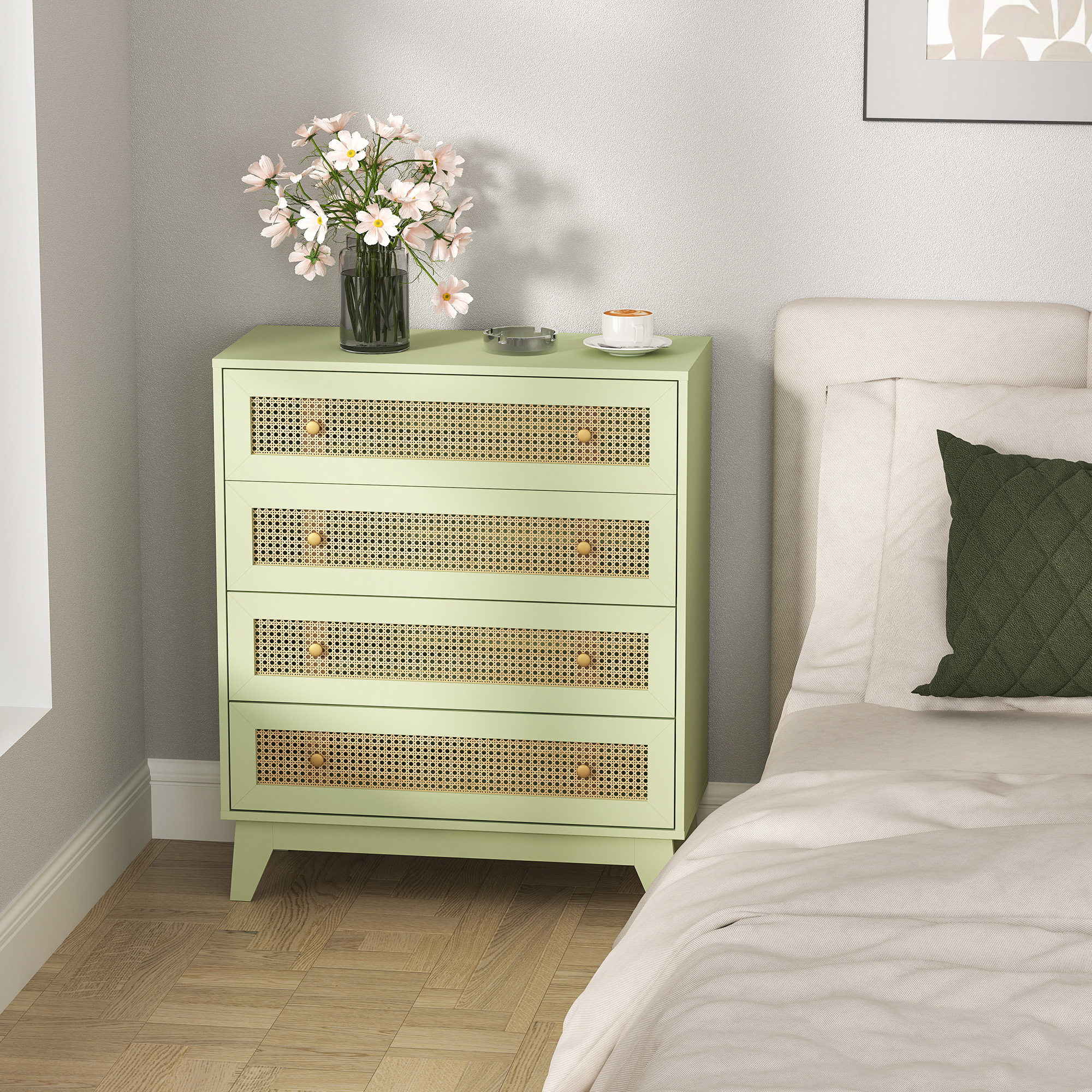 Chest Of Drawers,4-Drawer Storage Organiser Unit With Rattan Element — image 4