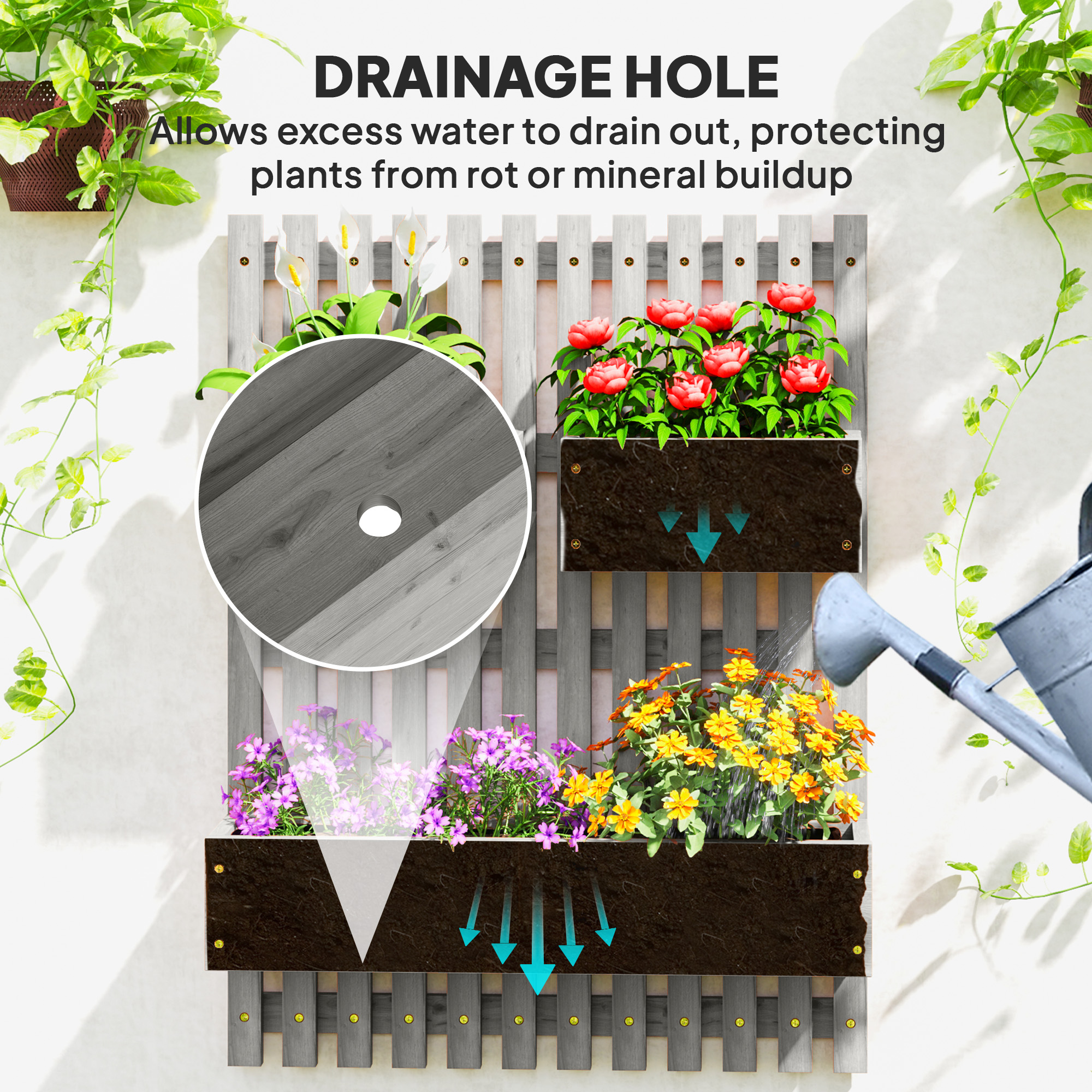 Wall-mounted Wooden Garden Planters With Trellis,Drainage Holes And 3 Planter — image 4