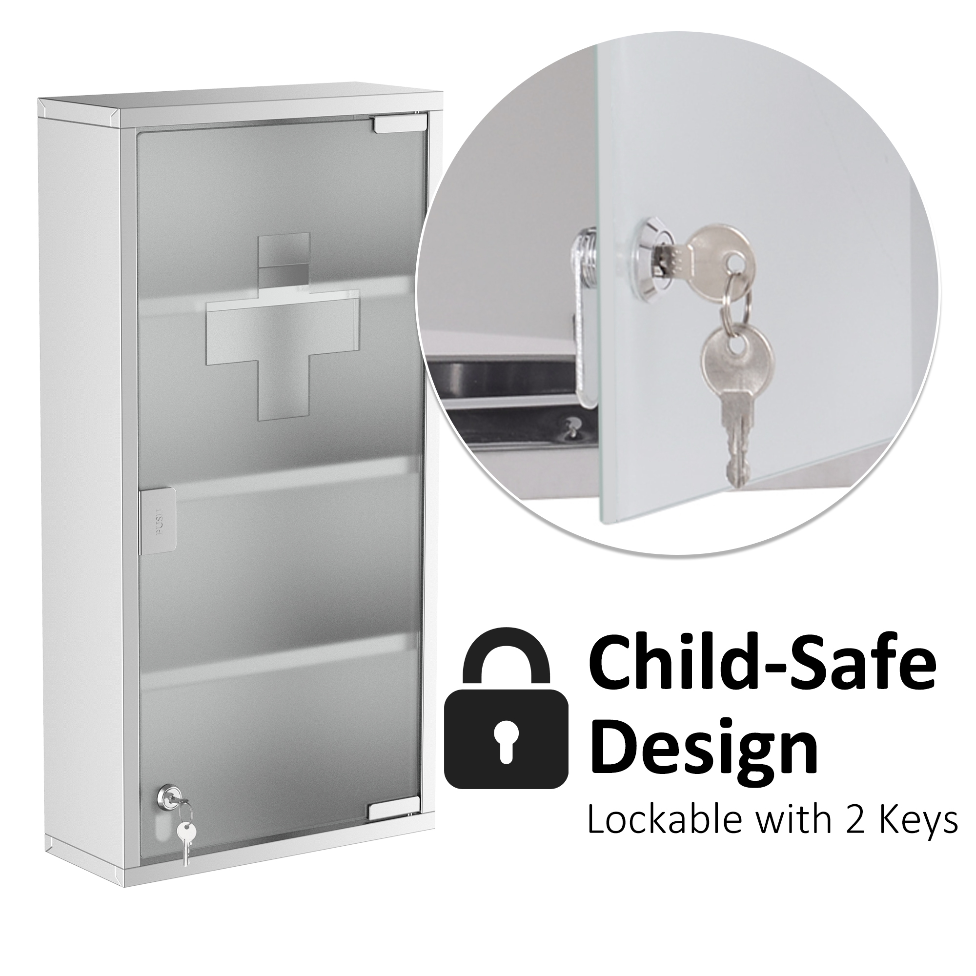 4 Tier Stainless Steel Wall Mounted Medicine Cabinet Glass Lockable Door — image 4