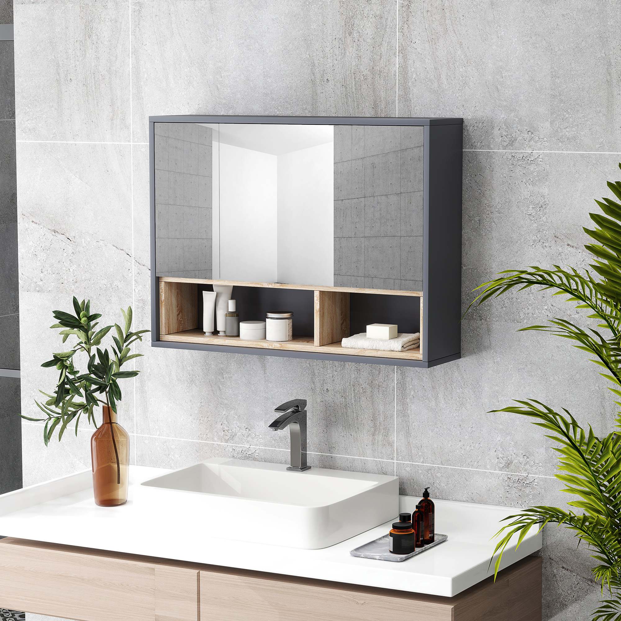 Bathroom Mirror Cabinet,Wall Mounted Cabinet With Mirror,3 Doors — image 5
